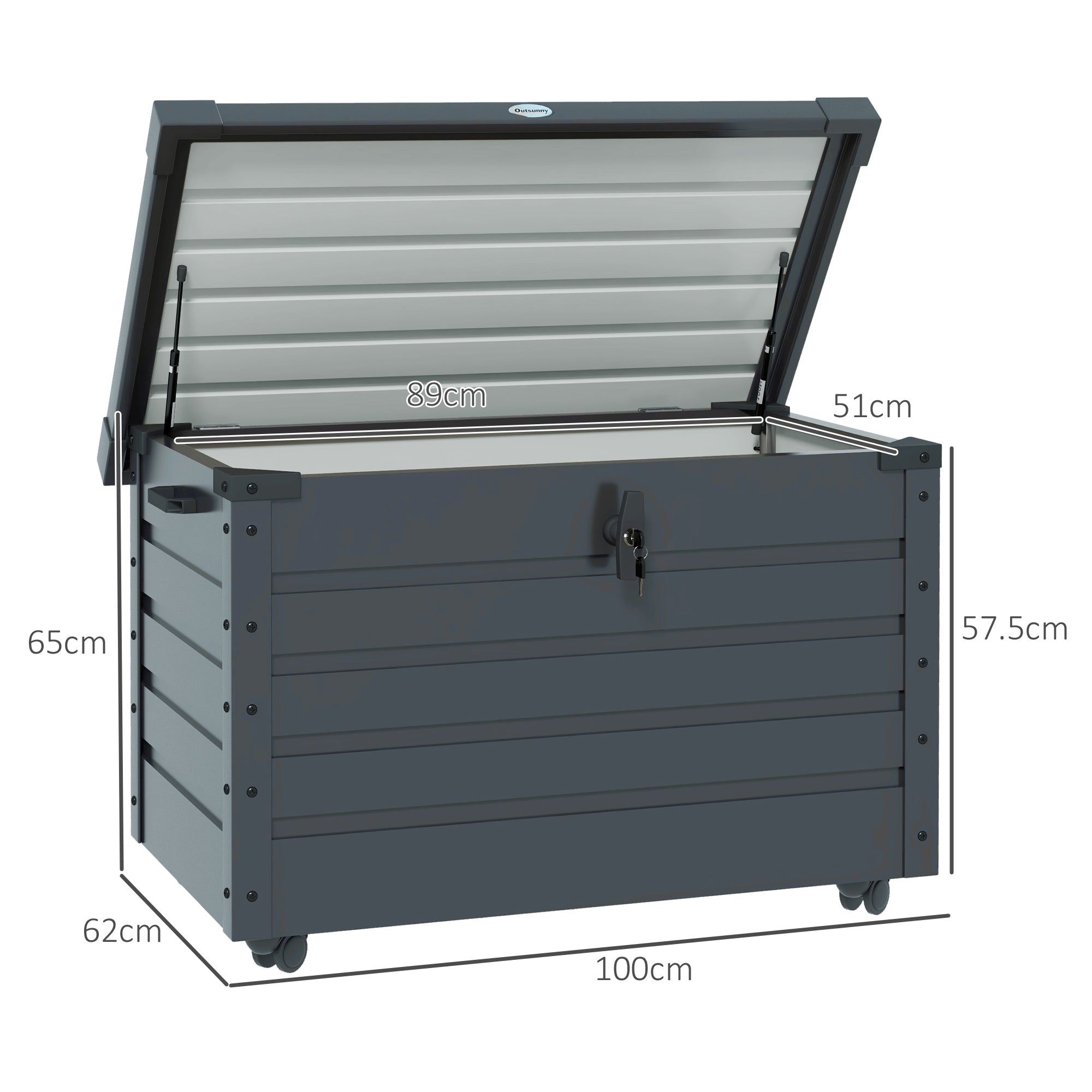 295L Garden Storage Box with Lock, 2 Handles, and 4 Wheels, Galvanized Steel Storage Unit, 100x62x65 cm, Dark Gray