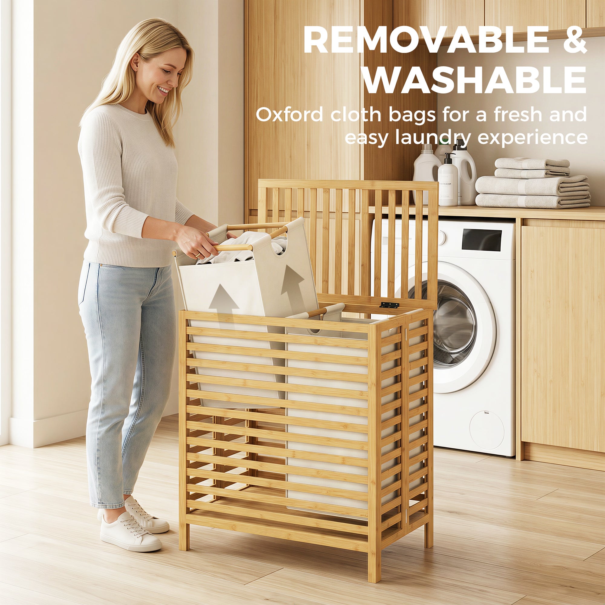 Bamboo Laundry Hamper with Lid, 64 L Double Laundry Bin with 2 Removable Washable Bags, Foldable Laundry Sorter for Bathroom & Bedroom, Natural & Cream White