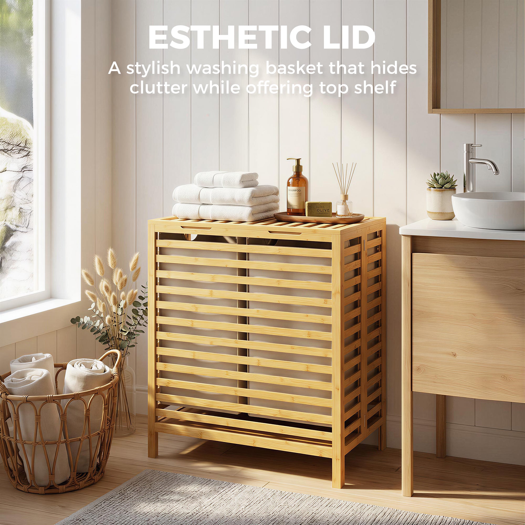 Bamboo Laundry Hamper with Lid, 64 L Double Laundry Bin with 2 Removable Washable Bags, Foldable Laundry Sorter for Bathroom & Bedroom, Natural & Cream White