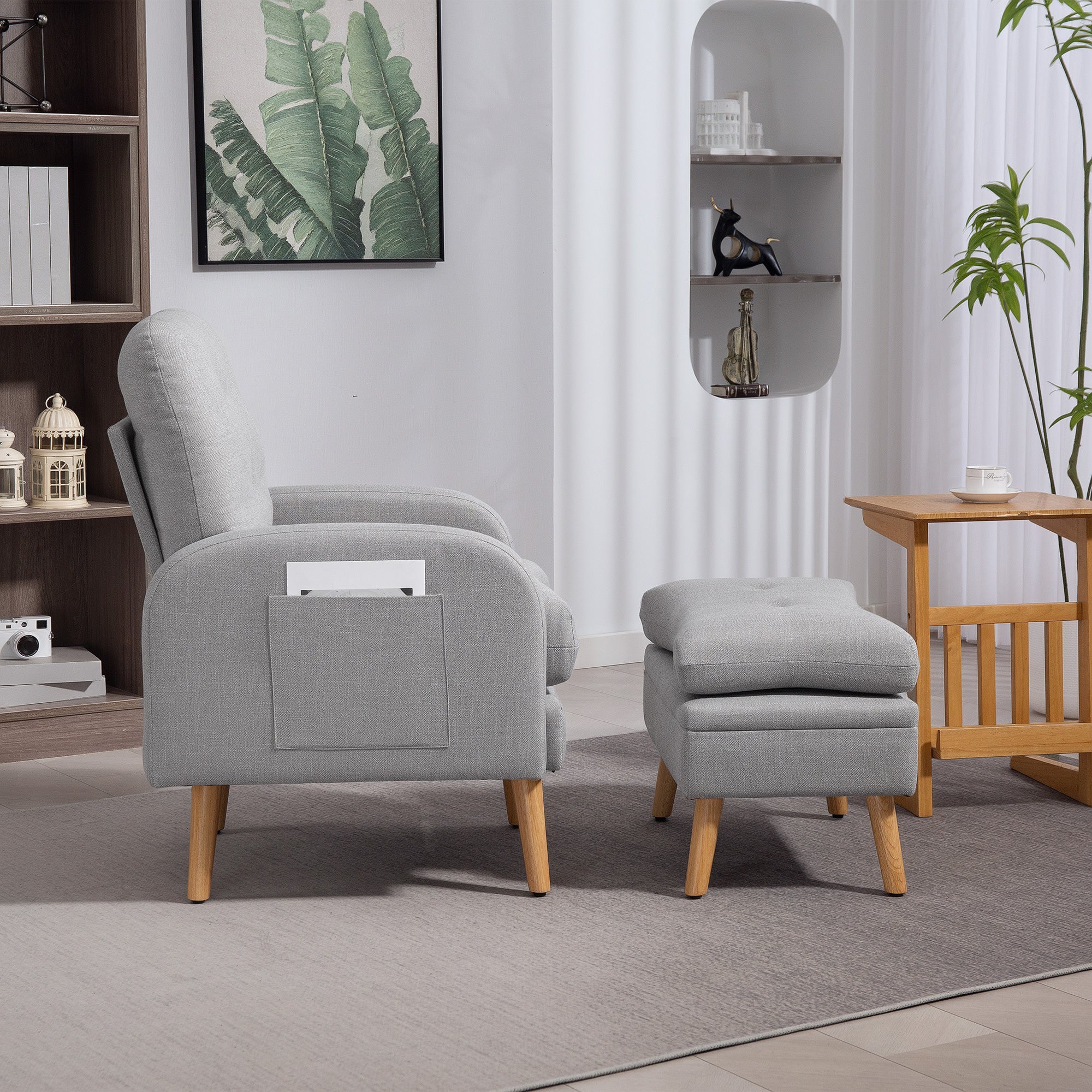 Reclining Armchair with Footrest, TV Chair with Cushions, 2 Storage Pockets, Supports up to 120 kg, Tufted Relaxation Chair for Living Room Bedroom Office, in Light Grey Linen Fabric