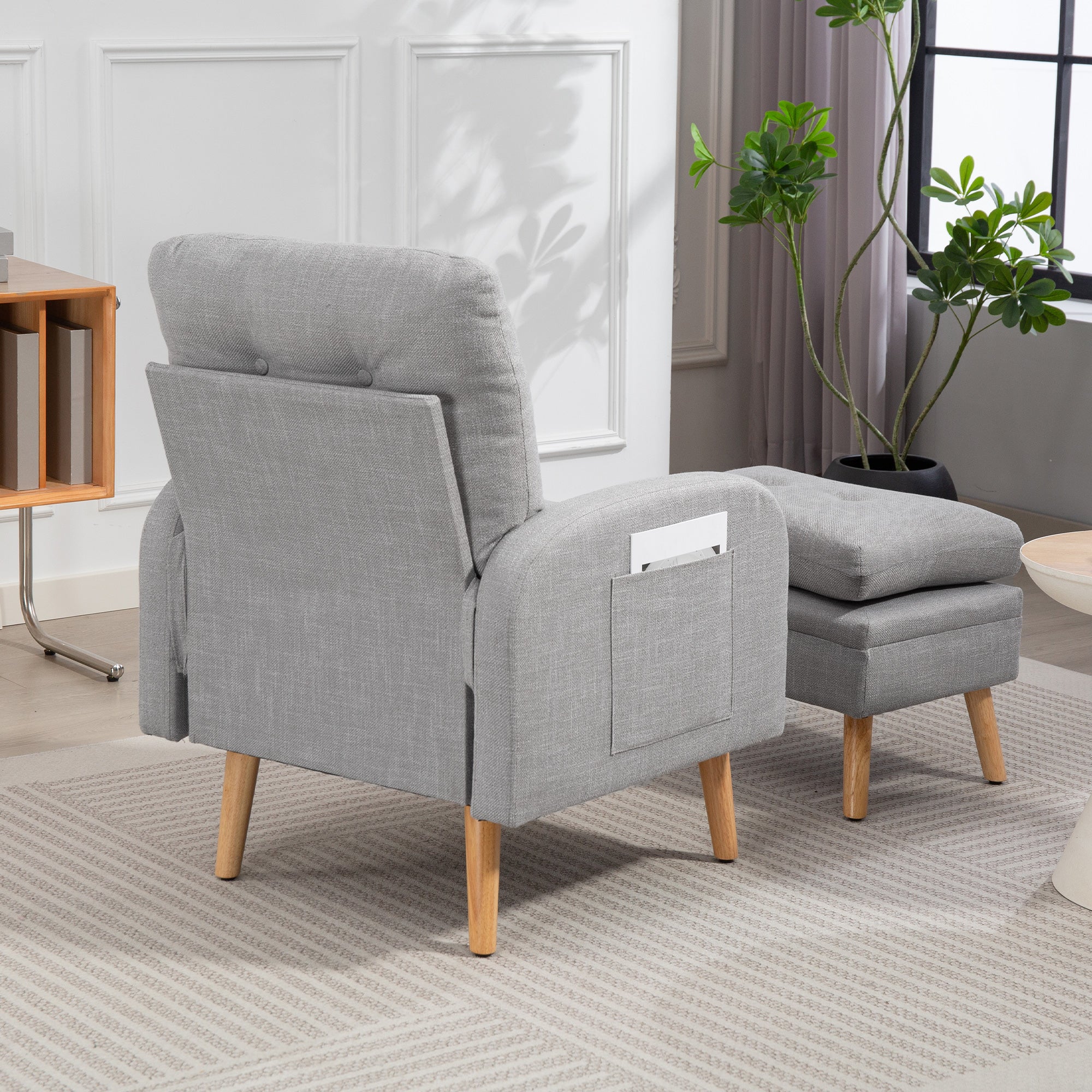 Reclining Armchair with Footrest, TV Chair with Cushions, 2 Storage Pockets, Supports up to 120 kg, Tufted Relaxation Chair for Living Room Bedroom Office, in Light Grey Linen Fabric