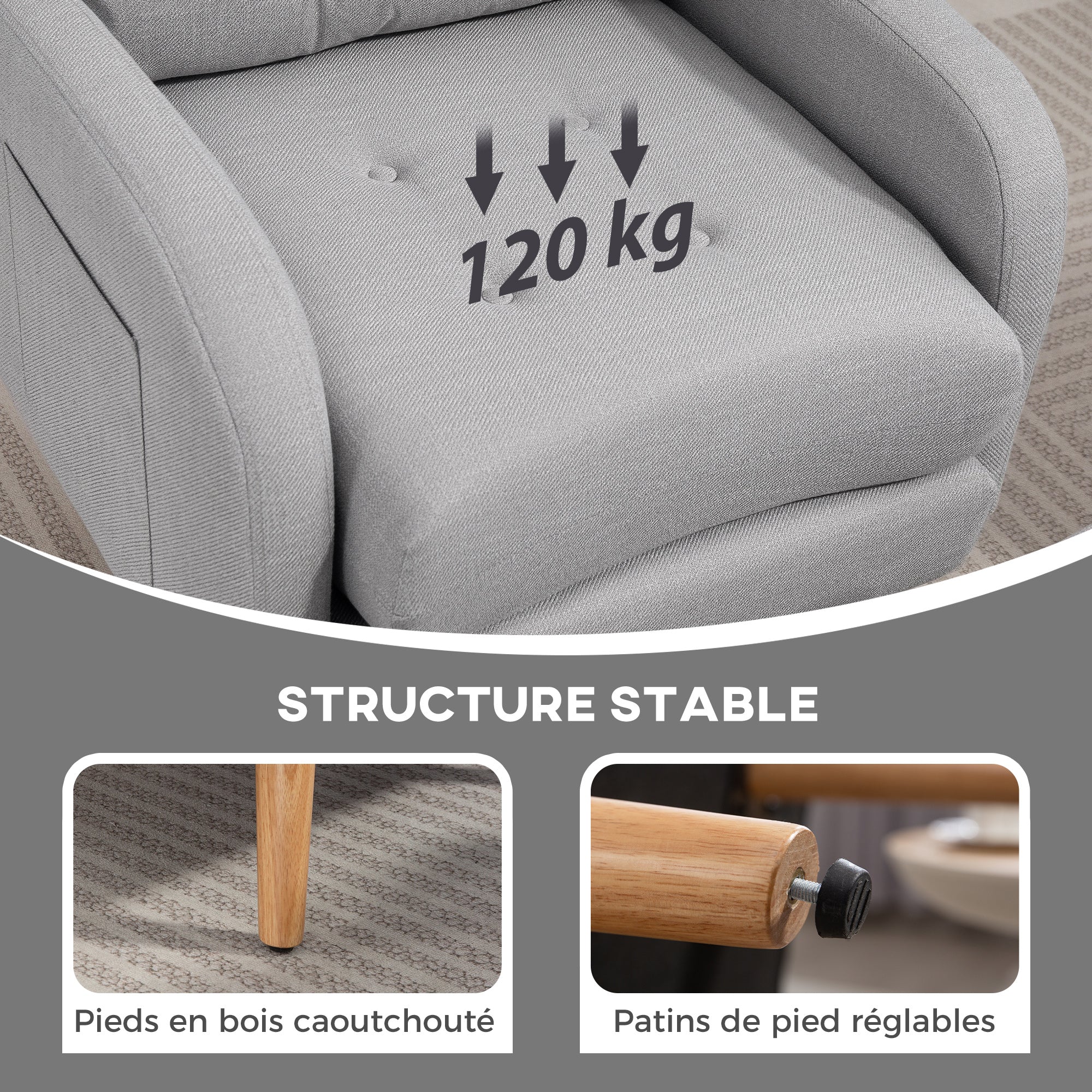 Reclining Armchair with Footrest, TV Chair with Cushions, 2 Storage Pockets, Supports up to 120 kg, Tufted Relaxation Chair for Living Room Bedroom Office, in Light Grey Linen Fabric