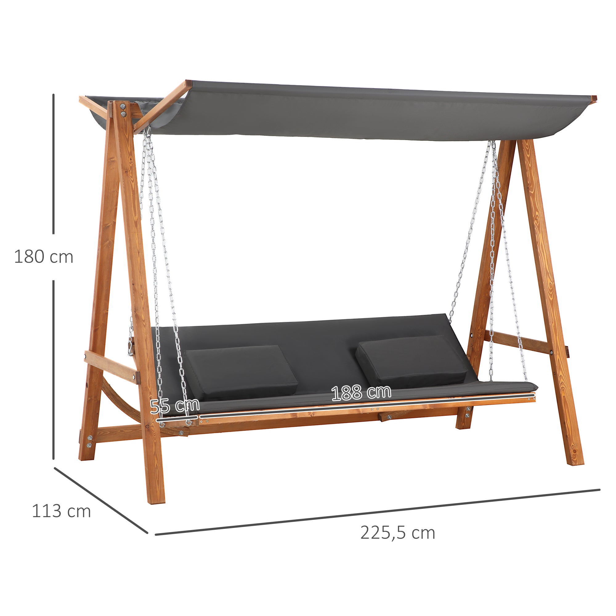 Hollywood Swing with Bed Function 3-Seater Garden Swing Larch Wood Swing with Adjustable Sunshade Swing Bench Load 250kg Garden Lounger for Patio, 225.5 x 113 x 180 cm Gray+Teak