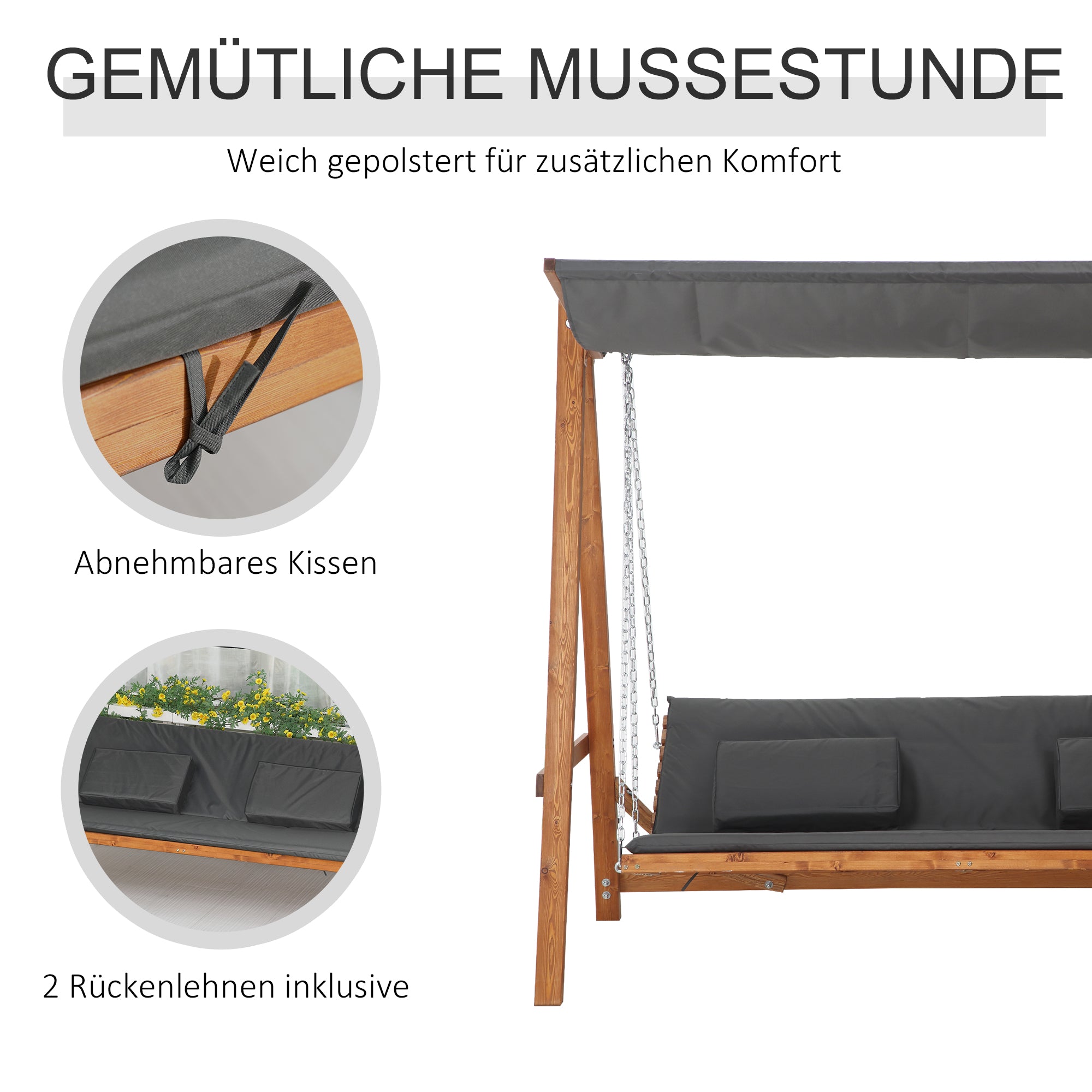 Hollywood Swing with Bed Function 3-Seater Garden Swing Larch Wood Swing with Adjustable Sunshade Swing Bench Load 250kg Garden Lounger for Patio, 225.5 x 113 x 180 cm Gray+Teak