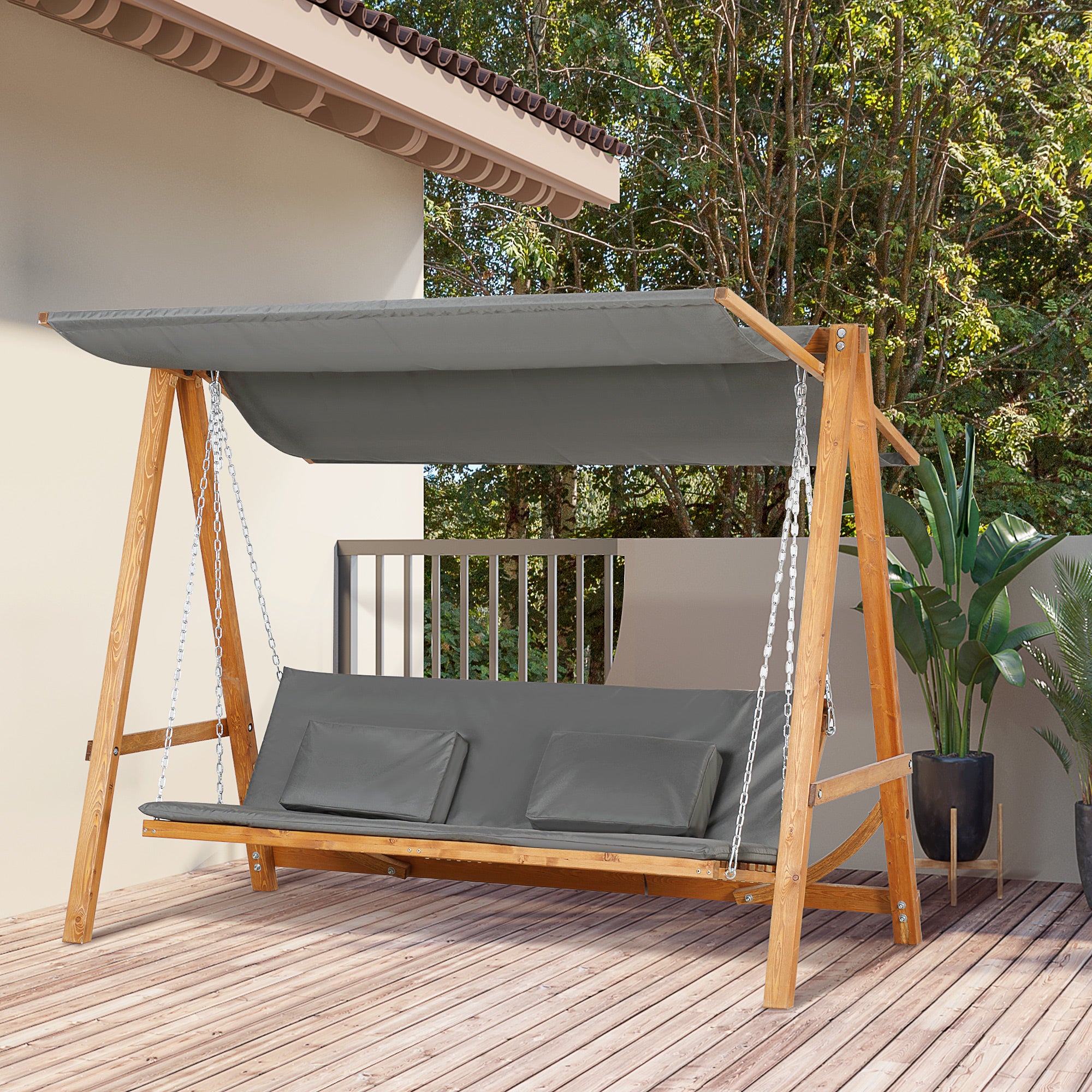 Hollywood Swing with Bed Function 3-Seater Garden Swing Larch Wood Swing with Adjustable Sunshade Swing Bench Load 250kg Garden Lounger for Patio, 225.5 x 113 x 180 cm Gray+Teak