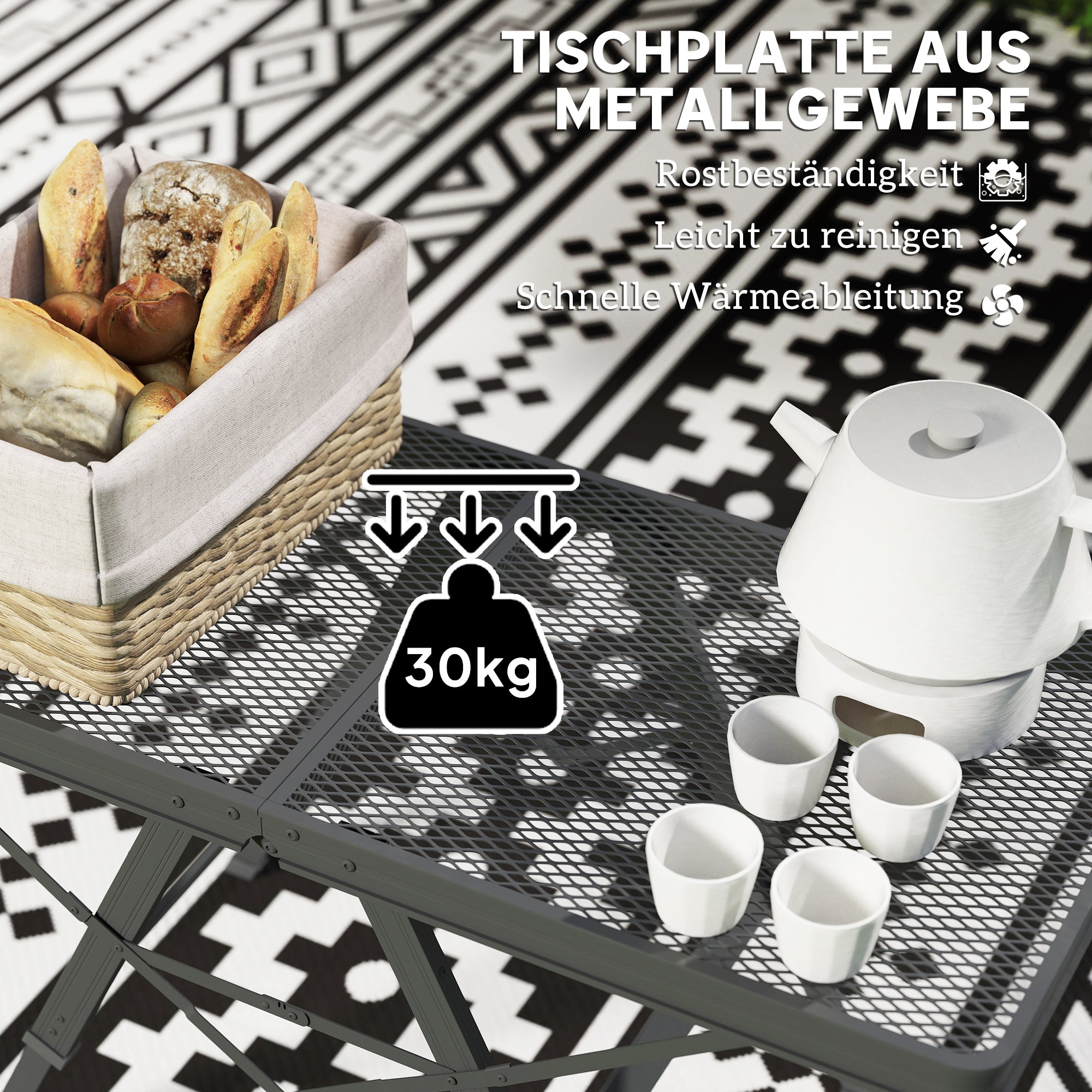 Height Adjustable Camping Table Folding Table with Metal Grid Portable Garden Table made of Aluminum Lightweight Multifunctional Table Side Table for Garden Balcony Camping 90 x 40.5cm Black