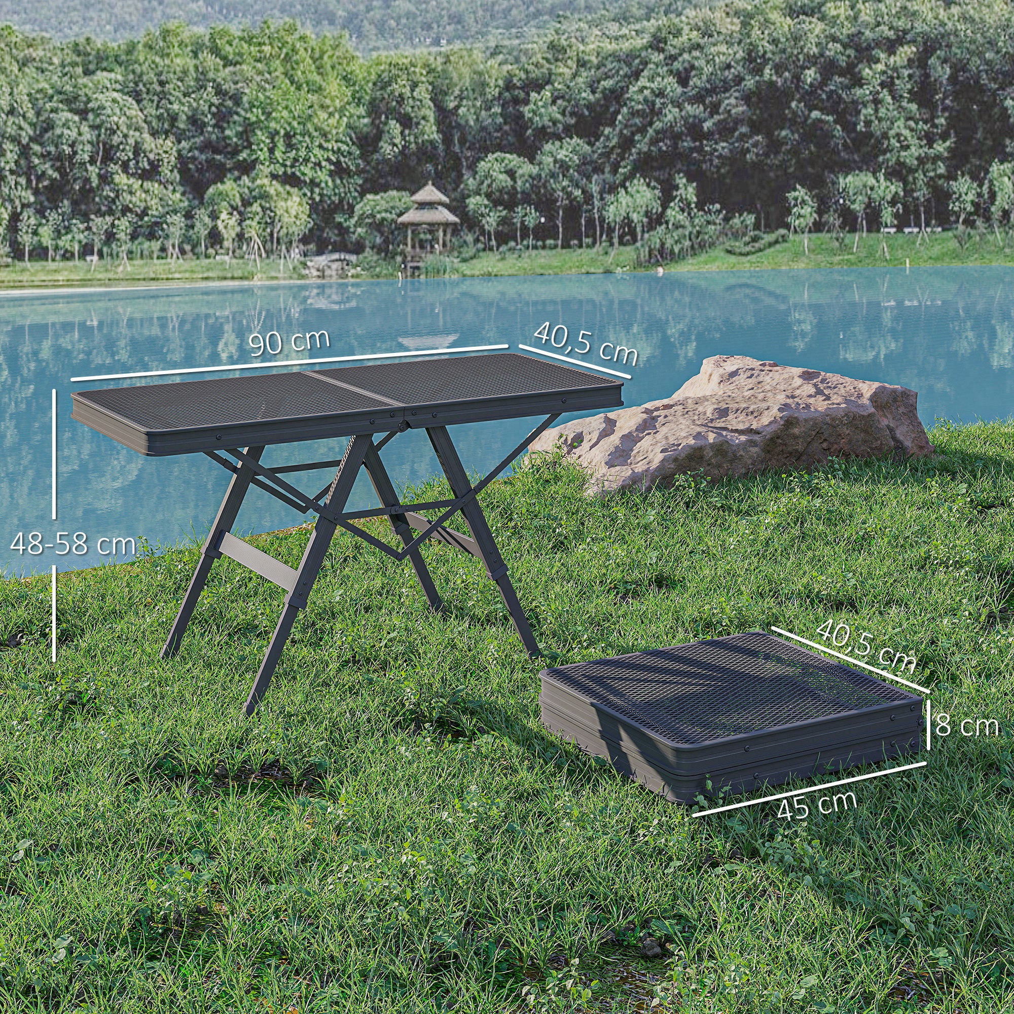 Height Adjustable Camping Table Folding Table with Metal Grid Portable Garden Table made of Aluminum Lightweight Multifunctional Table Side Table for Garden Balcony Camping 90 x 40.5cm Black