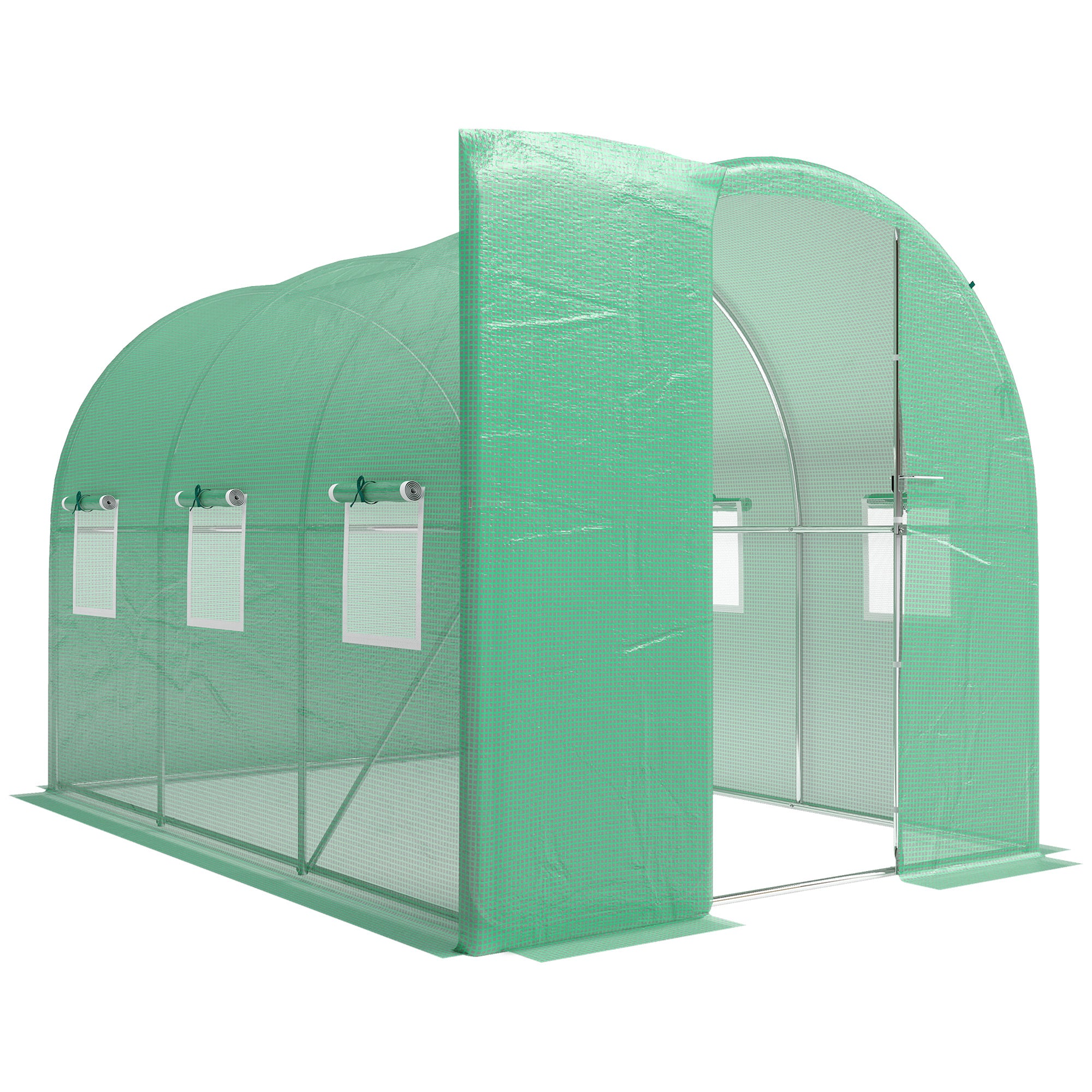 2 x 3 m (200 x 300 x 200 cm) Tunnel Garden Greenhouse — Galvanized Steel Frame, Hinged Door & 8 Roll-Up Mesh Windows, 140 gsm PE Cover, Green