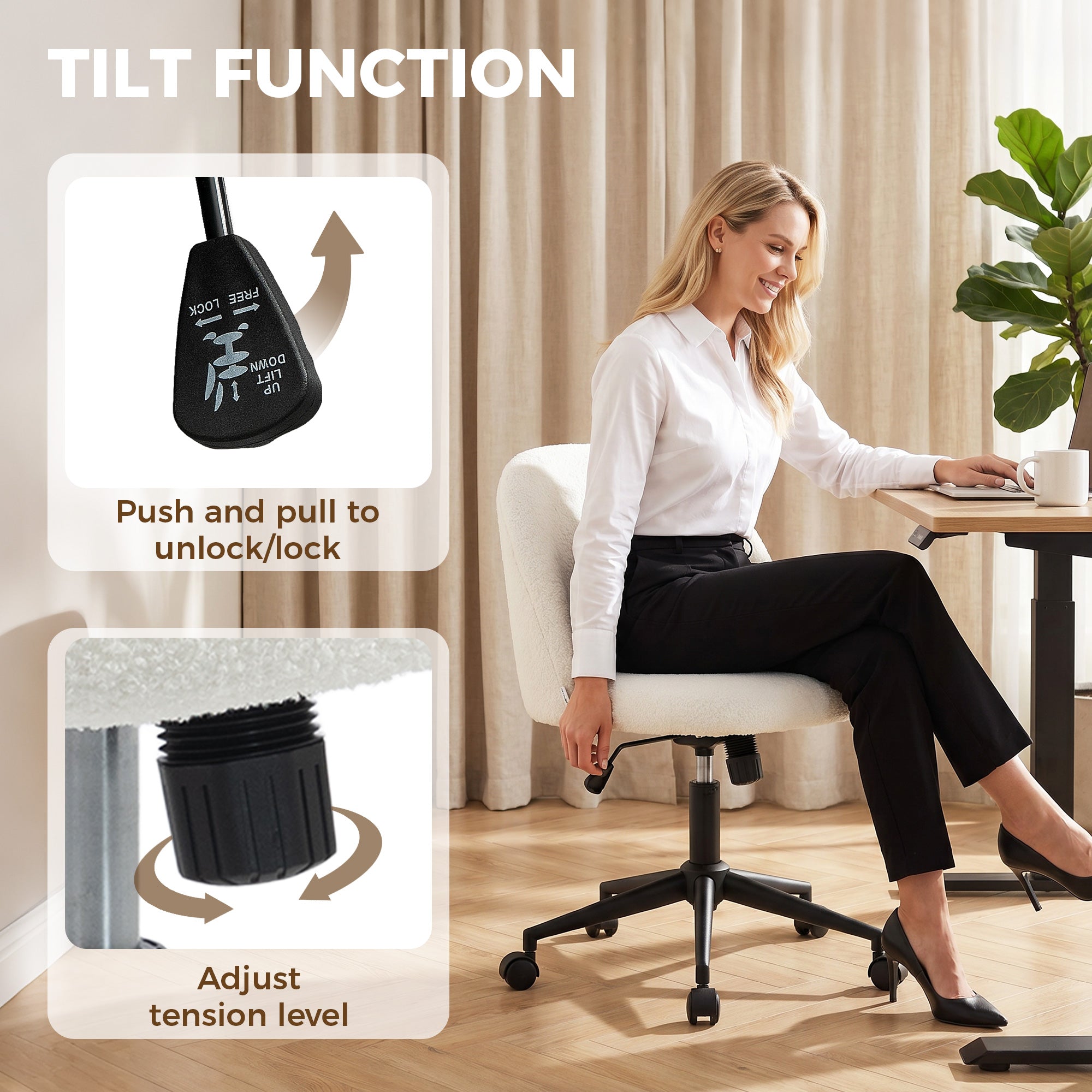 Adjustable Office Chair with Teddy Fleece, Swivel Casters, Tilt Function, Up to 265 lb, Vanity/Bedroom Desk Chair – Cream