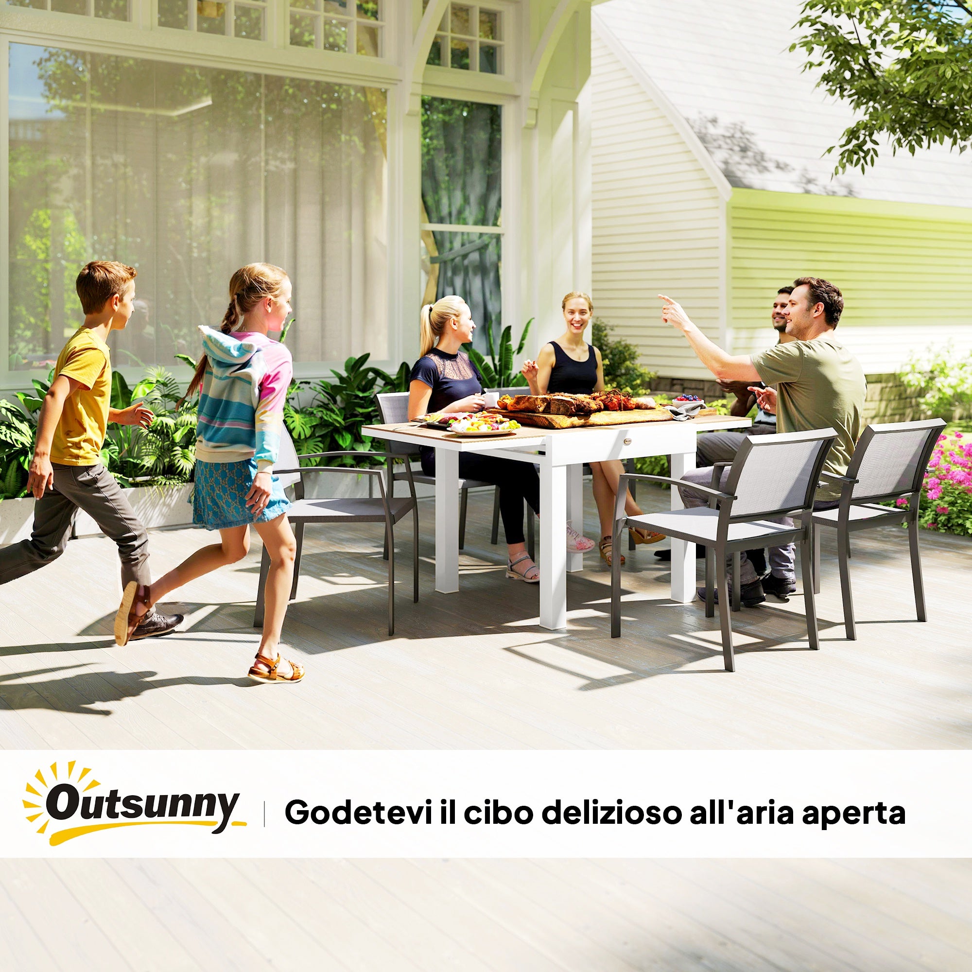 Extendable Garden Table 80/160x80x75 cm, Rectangular Extendable Dining Table for 4-6 People with Aluminum Frame and PSPC Top, For Patio, Terrace, Balcony, and Outdoor, White