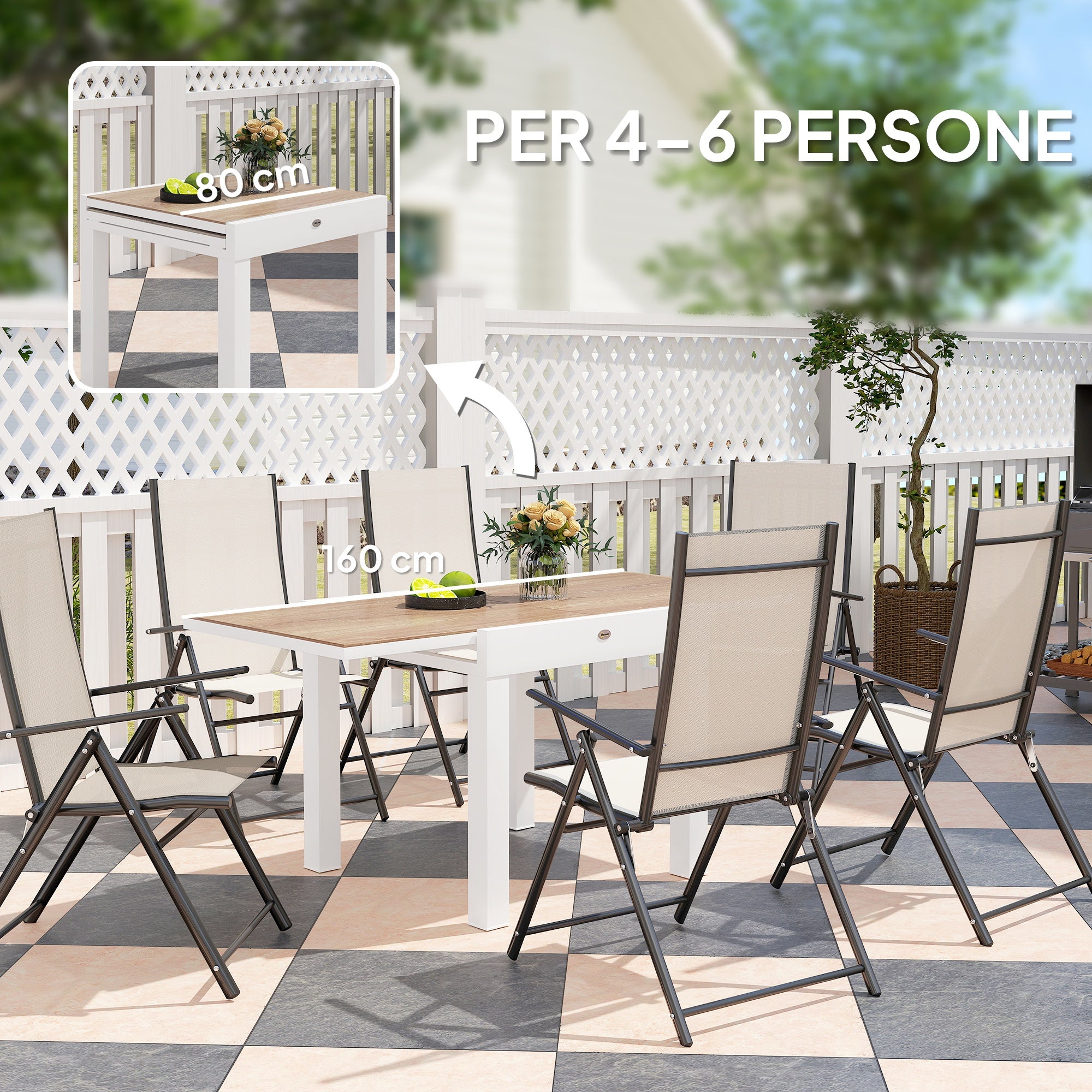 Extendable Garden Table 80/160x80x75 cm, Rectangular Extendable Dining Table for 4-6 People with Aluminum Frame and PSPC Top, For Patio, Terrace, Balcony, and Outdoor, White