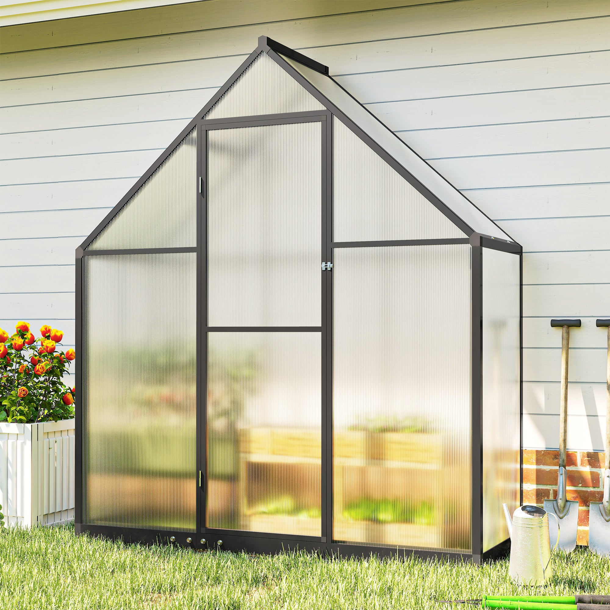 170×58×195 cm (67×23×77 in) Aluminum & Polycarbonate Garden Greenhouse — Adjustable Vent, Hinged Door, Weather-Resistant, Clear