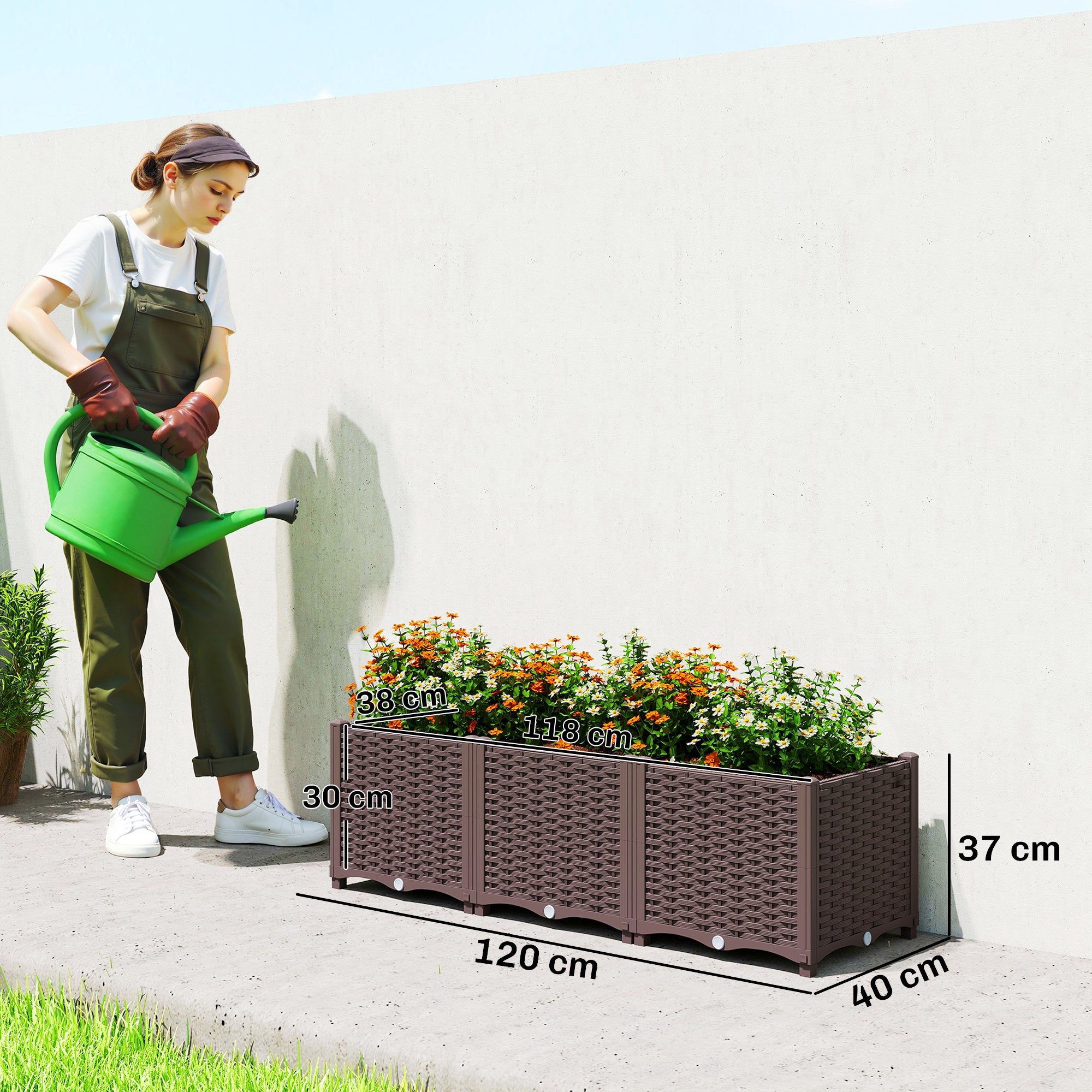 Elevated Planter, Plastic Raised Garden Bed, Self-Watering Planters with Drainage Holes and Plugs, Easy Assembly for Vegetables, Flowers, Herbs, 120 x 40 x 37 cm (47.2 x 15.7 x 14.6 in), Brown