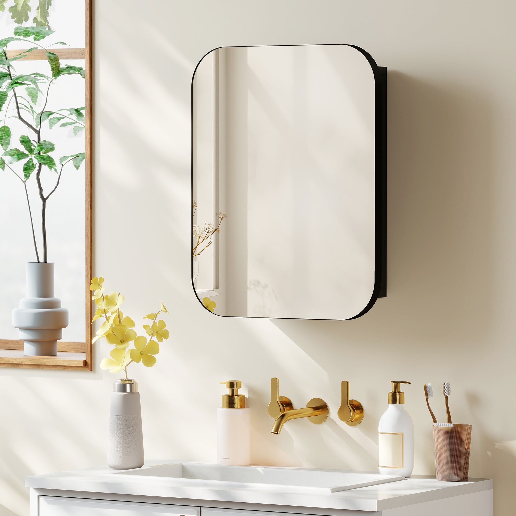Bathroom Mirror Cabinet, Wall-Mounted with Adjustable Shelf, Black, 15.8 x 4.0 x 20.0 in