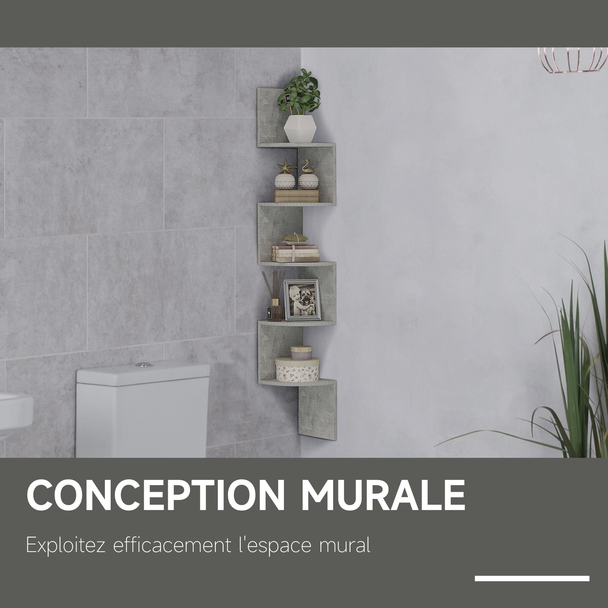 Zigzag Shape Wall Mount Corner Storage Shelf 20L x 20W x 126H cm 5 Levels Wood Gray