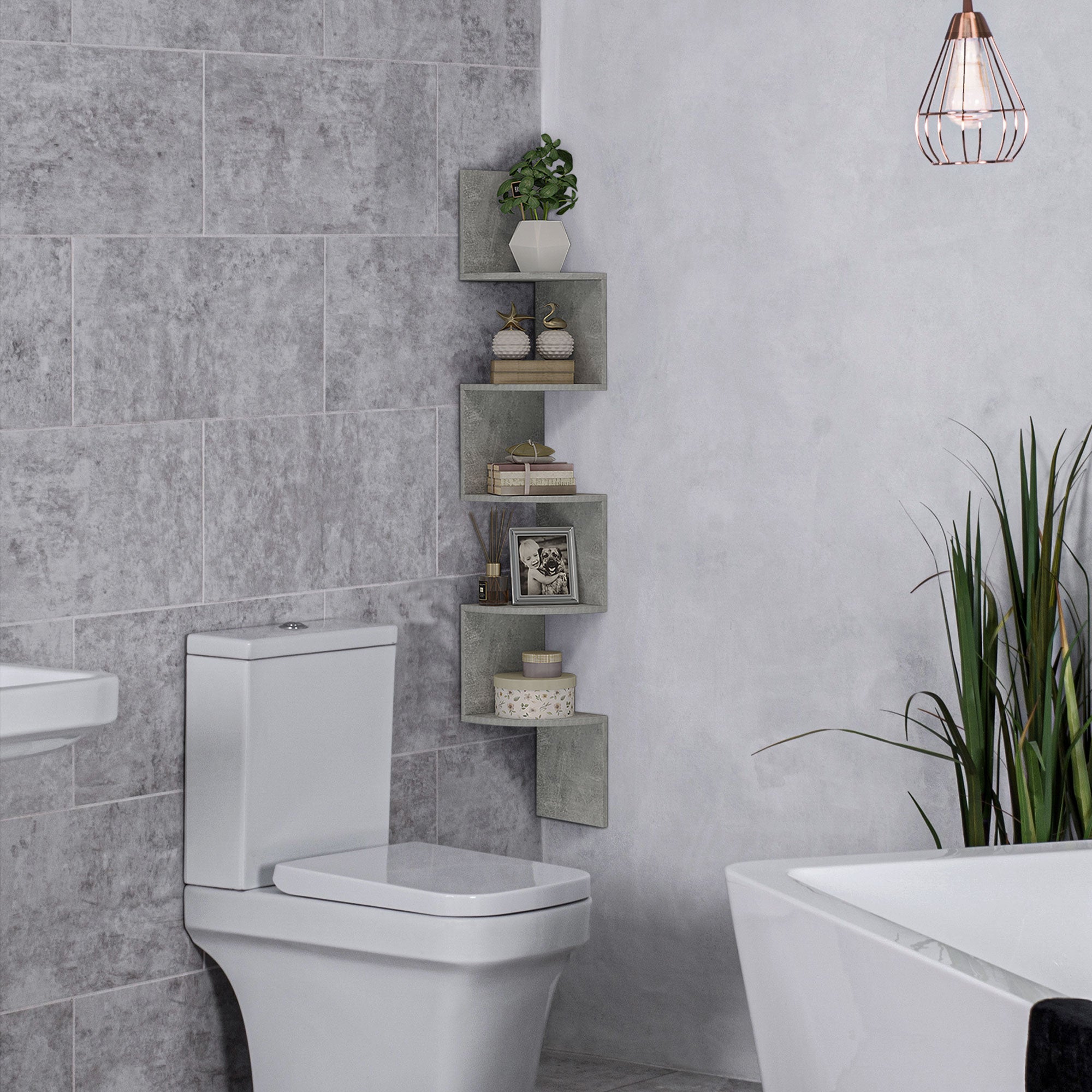 Zigzag Shape Wall Mount Corner Storage Shelf 20L x 20W x 126H cm 5 Levels Wood Gray