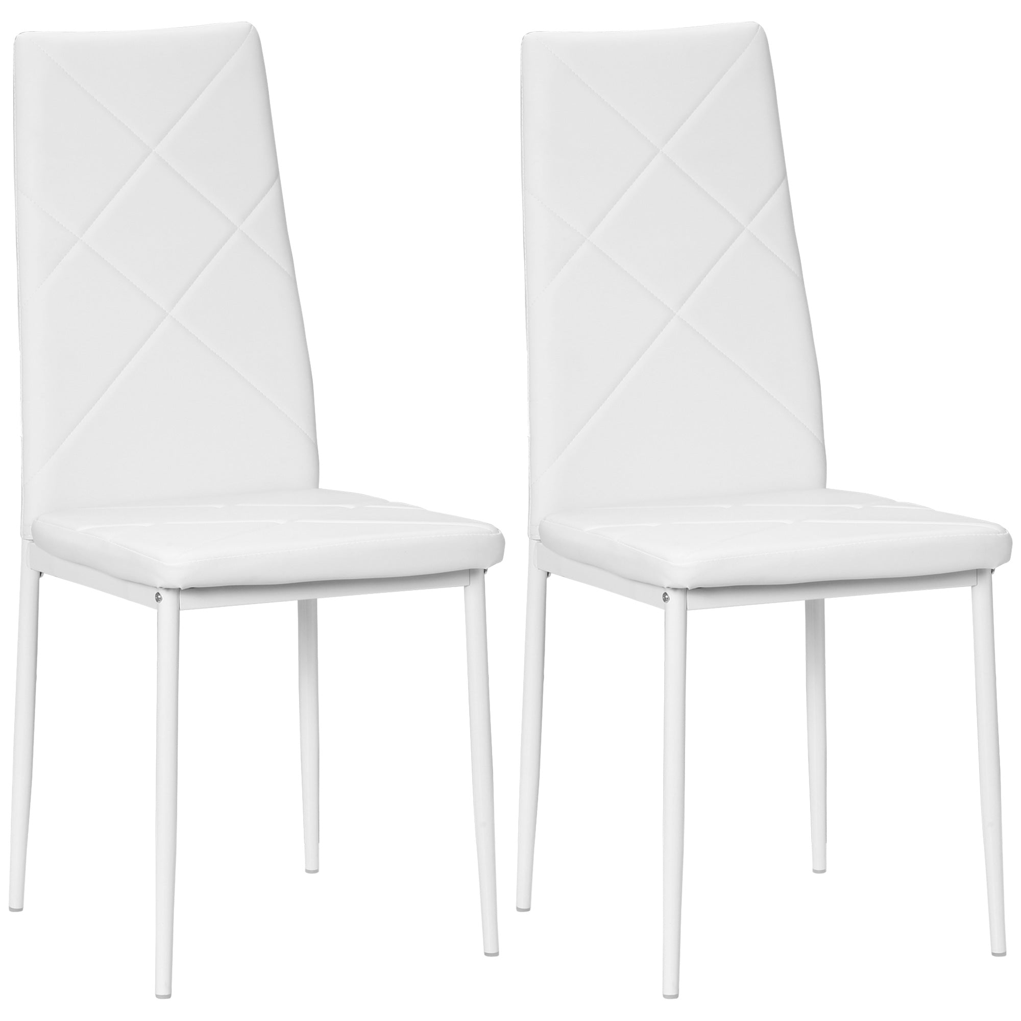 Set of 2 Upholstered High-Back Dining Room Chairs, Kitchen Chairs in Faux Leather with Diamond Stitching, Non-Slip Feet and Steel Legs for Living Room, 41x50x97 cm, White