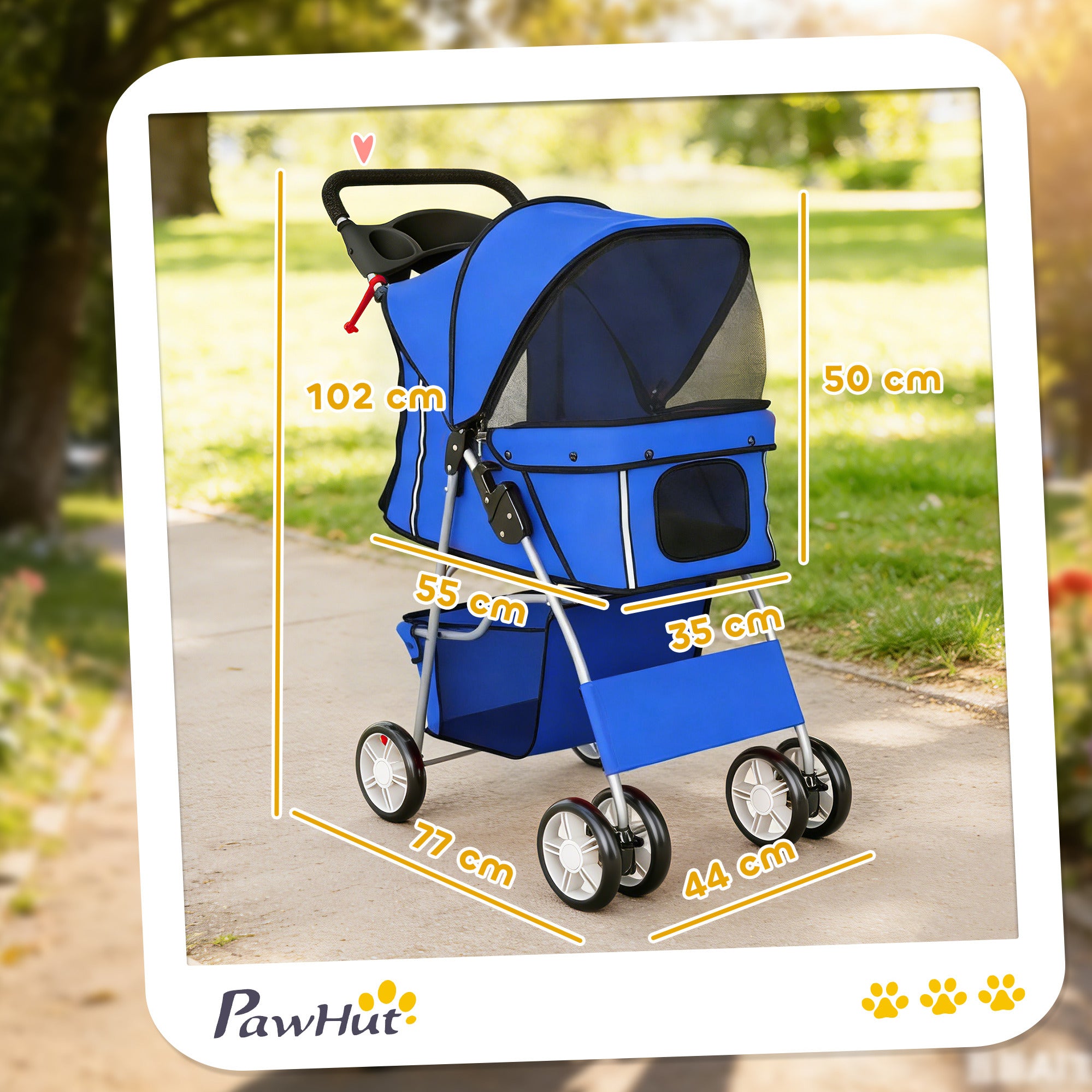 Foldable Dog Stroller — Rain Cover, Reflective Strips, 360° Swivel Wheels, Brakes, Washable Cushion — Blue