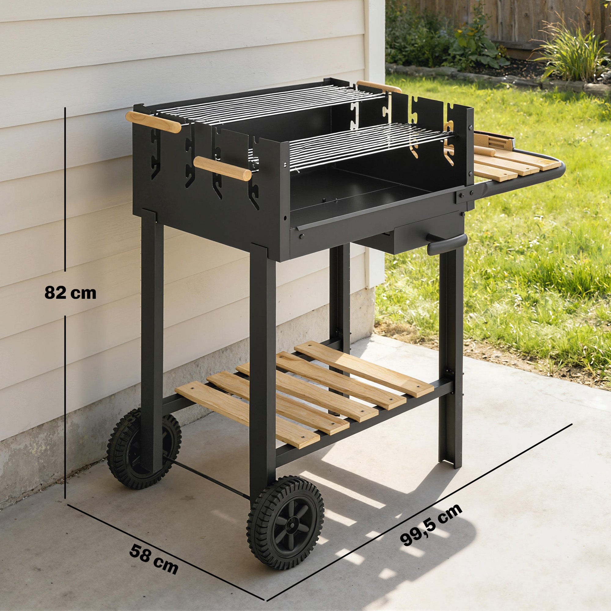 Wood-Trim Charcoal Grill Cart with 2 Adjustable Cooking Grates, Side Shelf, Lower Shelf, Ash Drawer & Wheels — Black