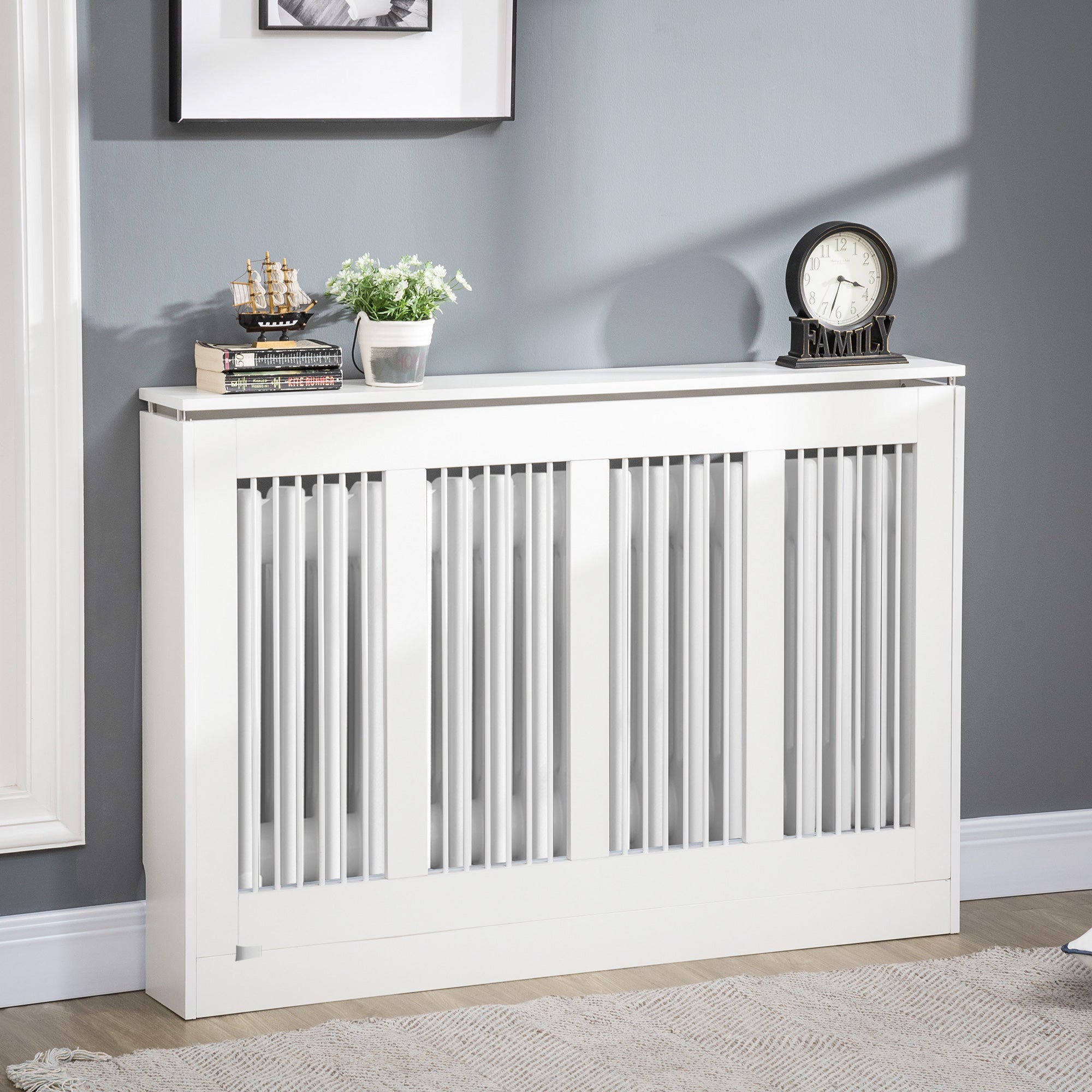 Modern and Elegant Slat Radiator Cover for Home, in MDF and Steel, 120x18x84cm, White