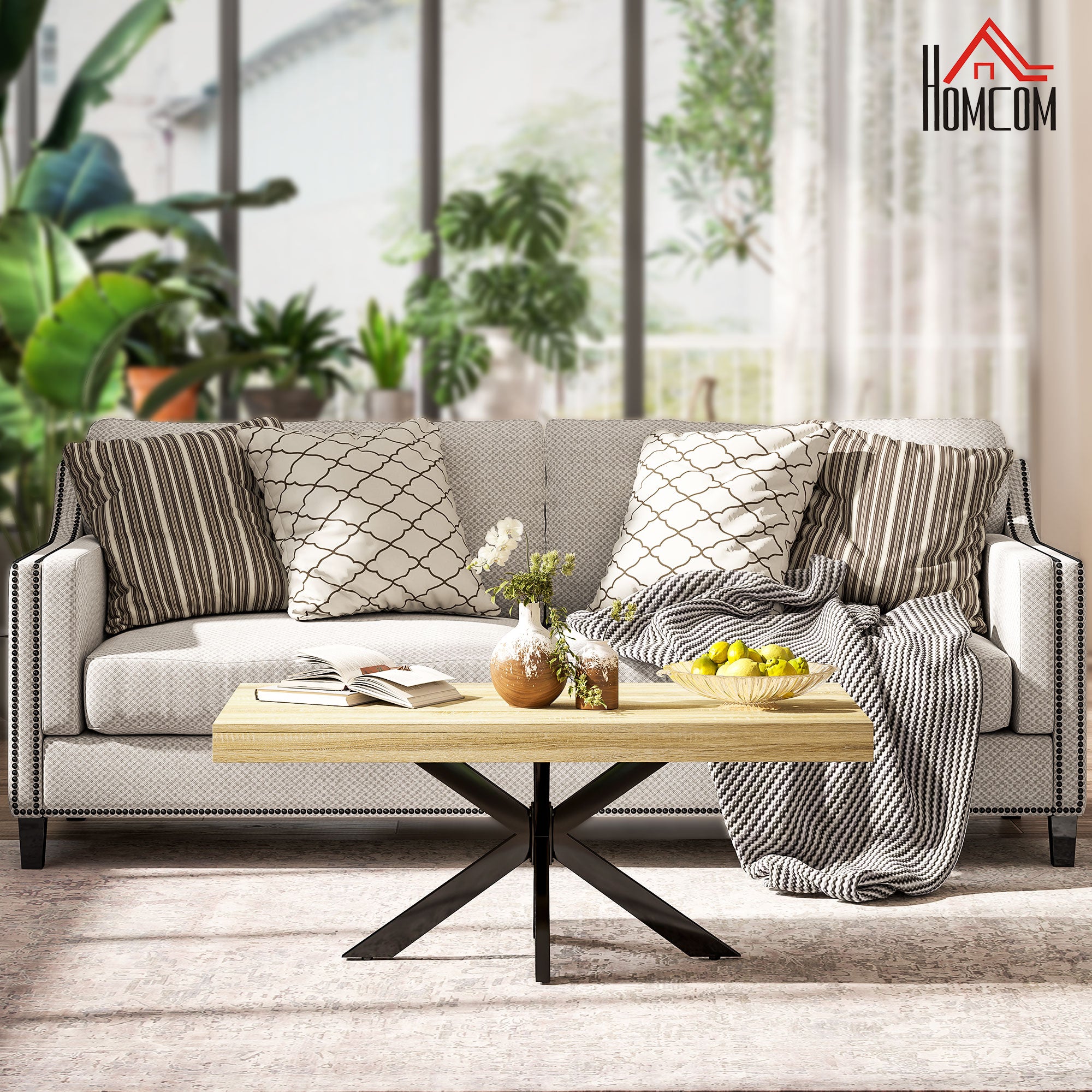 Rectangular Industrial Style Coffee Table Side Table in Black Metal and Natural Wood Look - 110 x 60 x 45cm