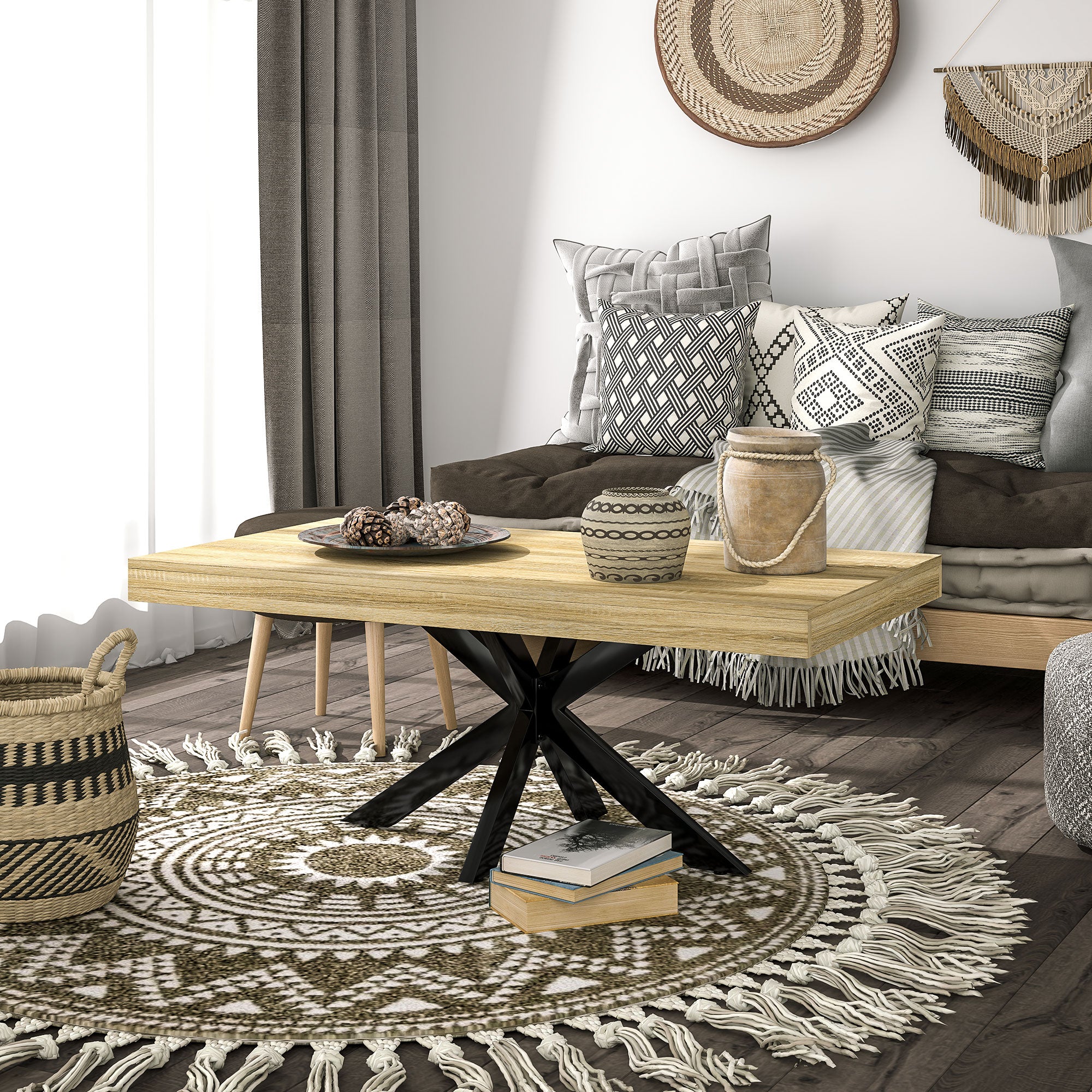 Rectangular Industrial Style Coffee Table Side Table in Black Metal and Natural Wood Look - 110 x 60 x 45cm
