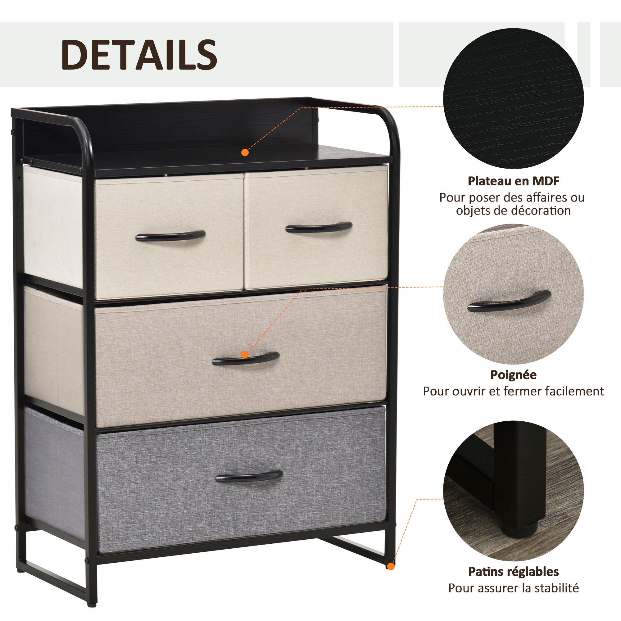 4-Drawer Linen Storage Dresser 58 x 29 x 78.5 cm Black Gray Ecru Beige