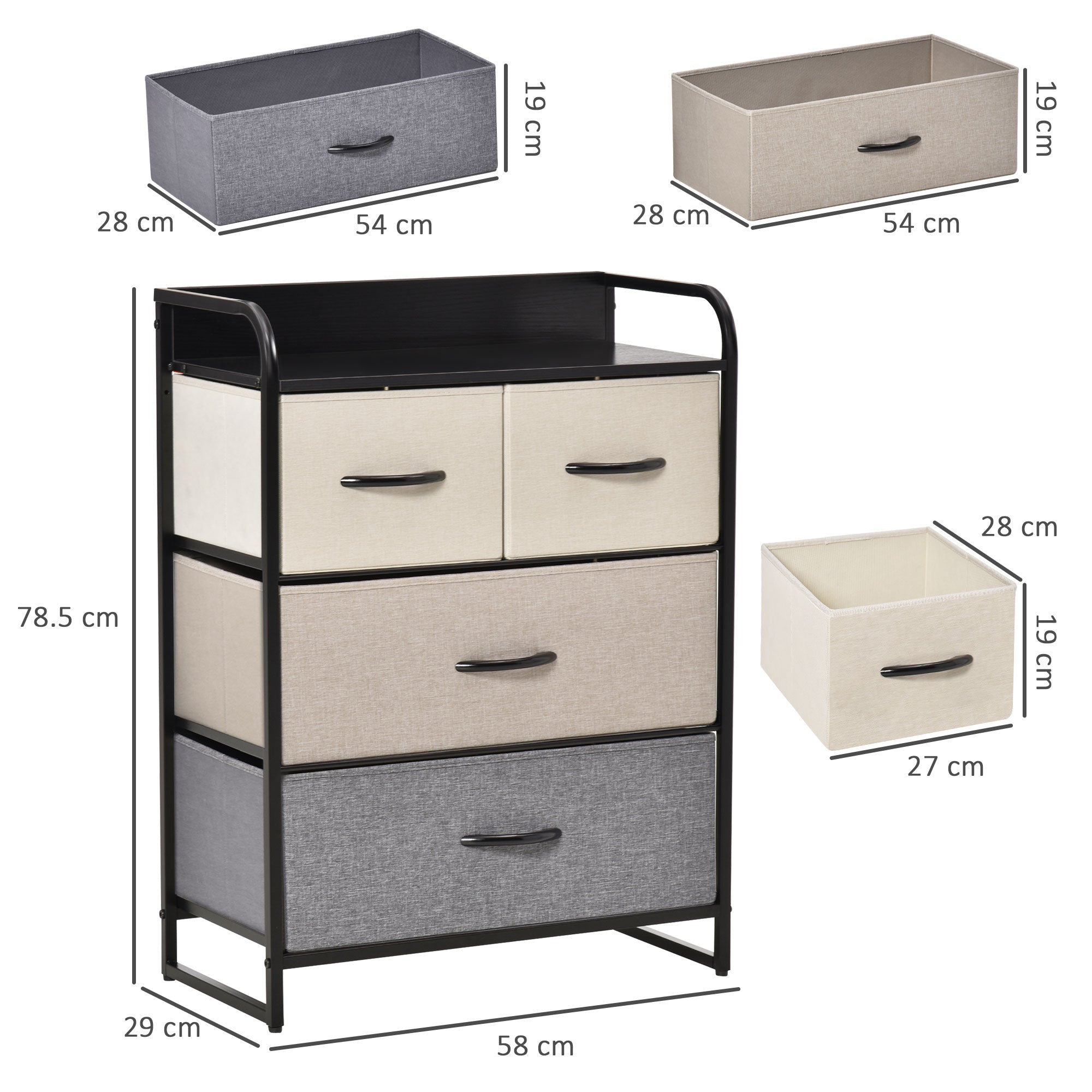 4-Drawer Linen Storage Dresser 58 x 29 x 78.5 cm Black Gray Ecru Beige