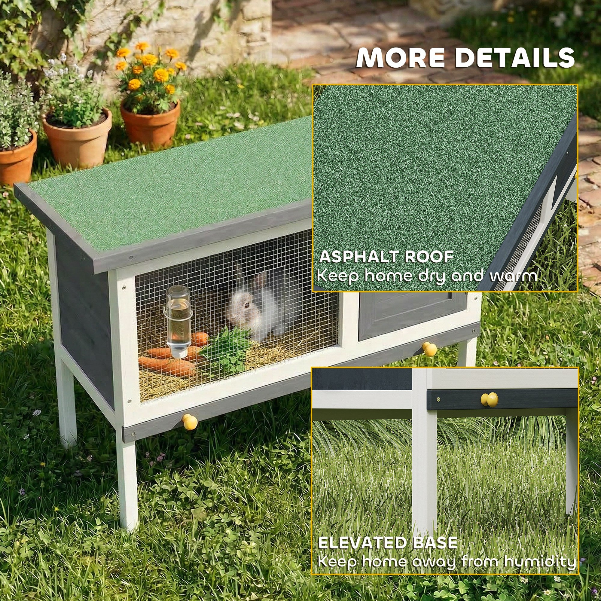Wooden Rabbit Hutch 35.4 x 17.7 x 25.6 in, Elevated Outdoor Small Animal Cage with Hinged Bitumen Roof, Pull-Out Tray, Door & Metal Wire — Gray