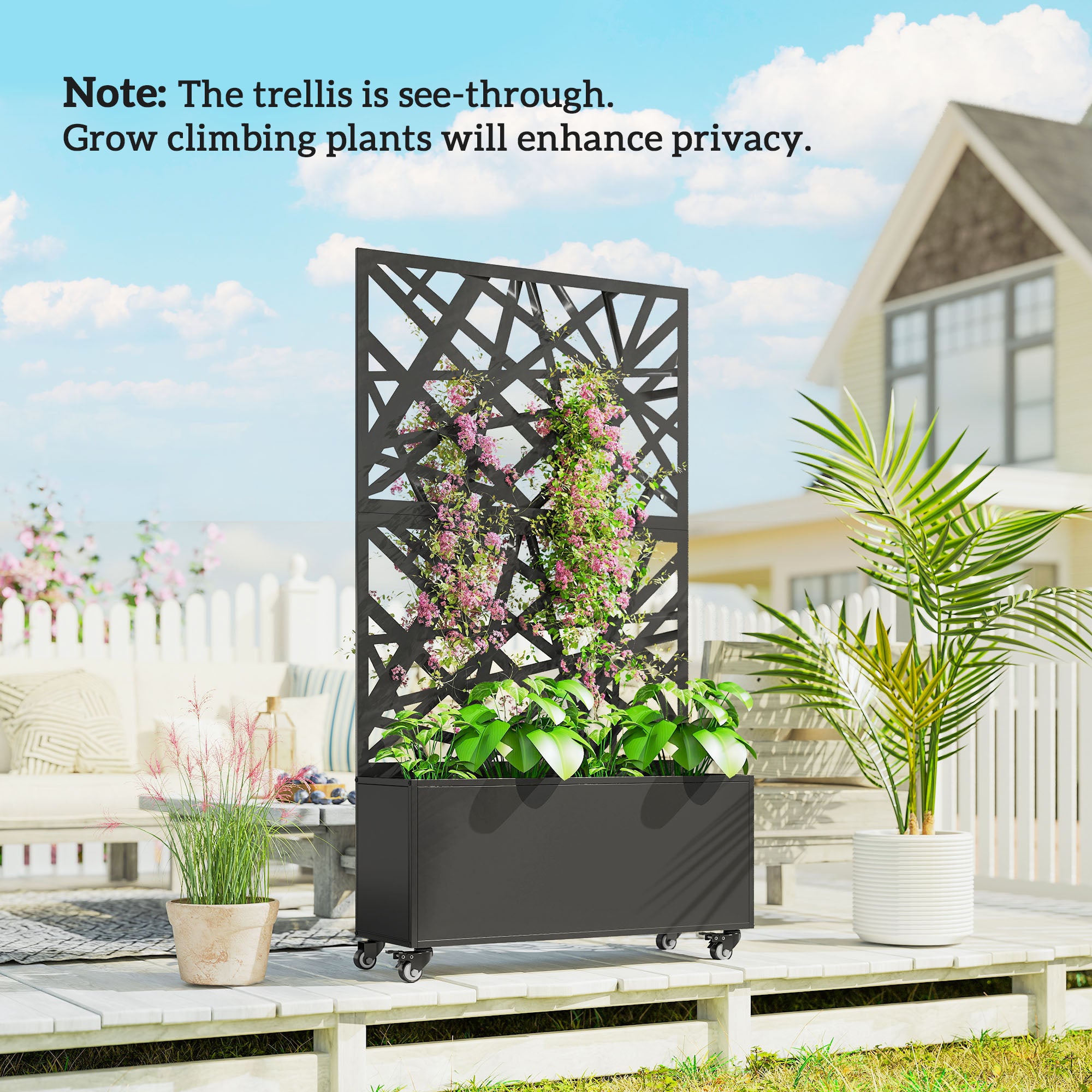 Elevated Outdoor Metal Planter with Trellis & Wheels — Drainage Holes, for Flowers & Vegetables, Garden & Balcony, 35.4×11.8×63 in, Black