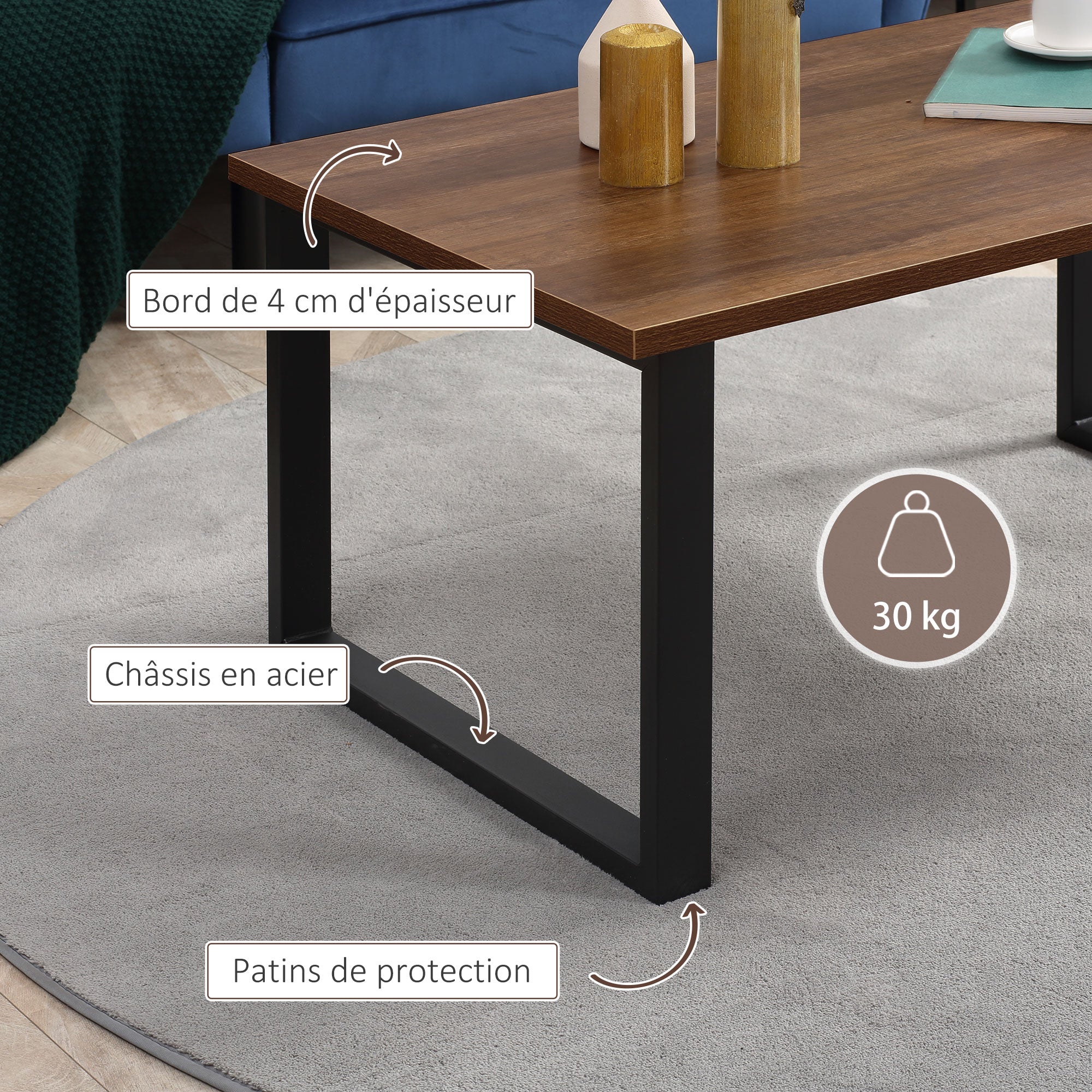 Rectangular Coffee Table Industrial Style with Metal Legs and Wood-Look Top - 100 x 60 x 50 cm