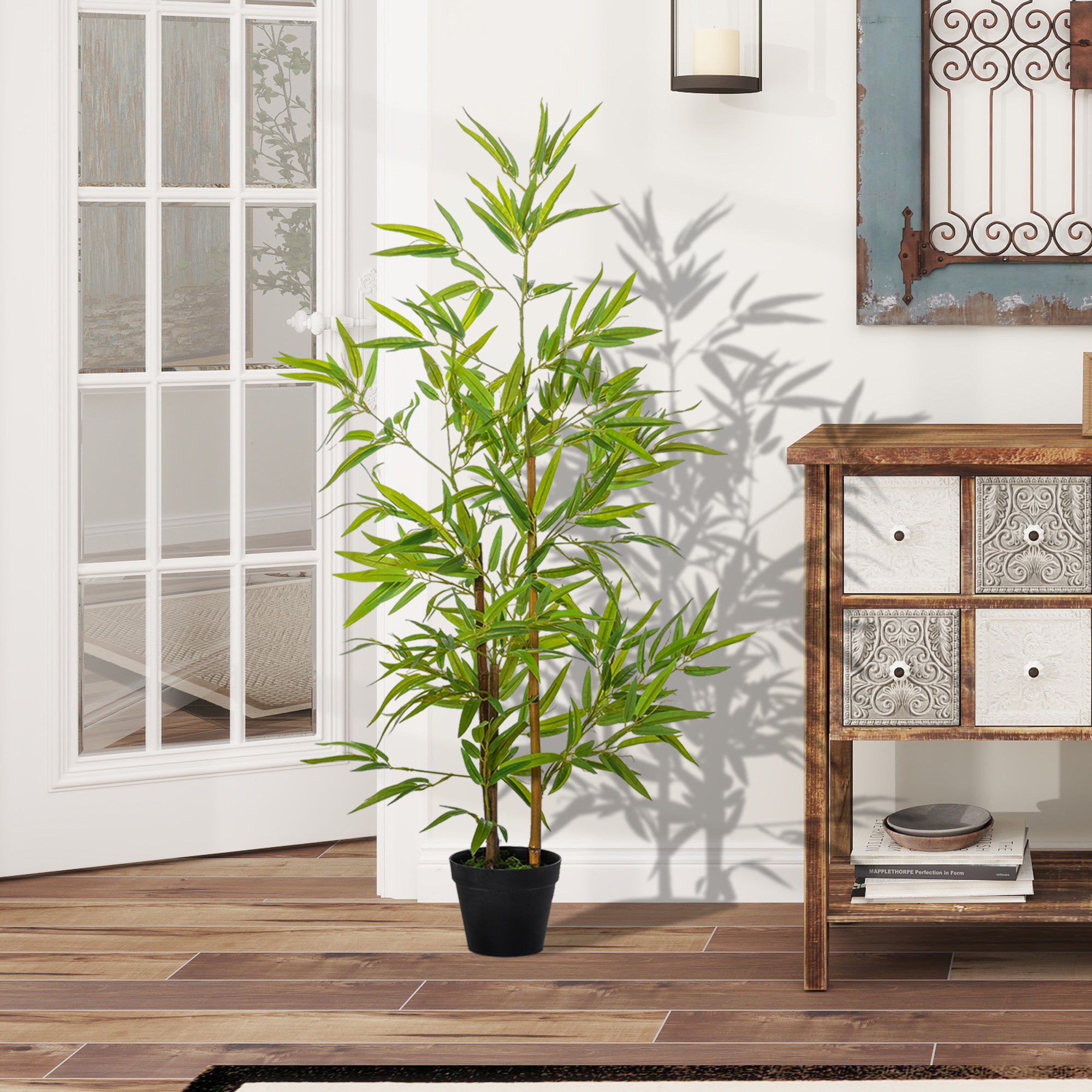 Large Artificial Bamboo 120cm Faux Plant, Plastic Artificial Plants in Pot, Fake Plant Bamboo with Artificial Moss for Living Room Bedroom Office Garden Modern Decoration