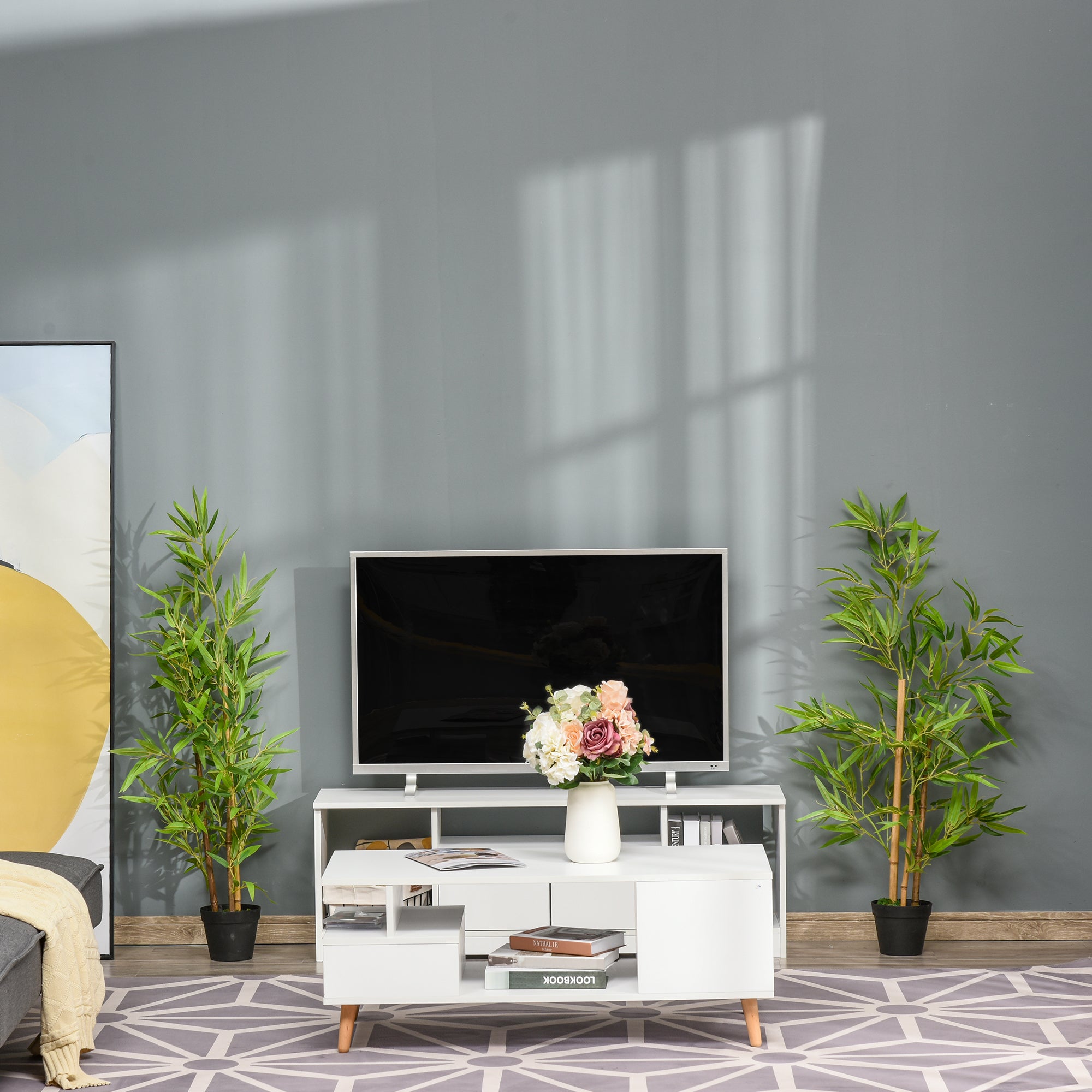 Large Artificial Bamboo 120cm Faux Plant, Plastic Artificial Plants in Pot, Fake Plant Bamboo with Artificial Moss for Living Room Bedroom Office Garden Modern Decoration