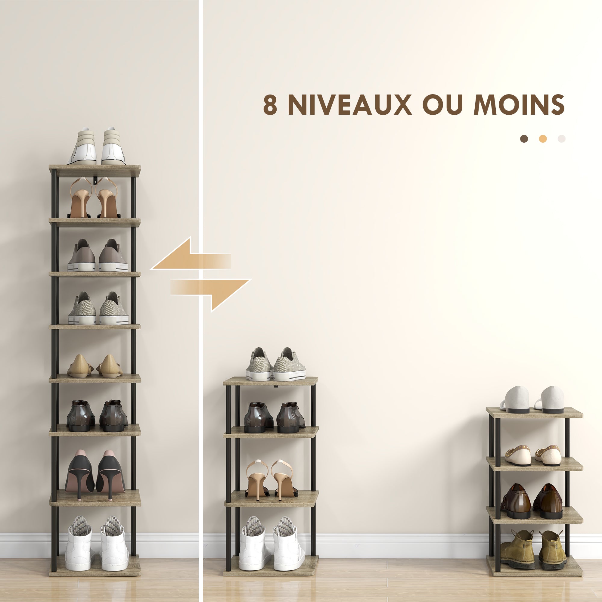 8-Level Shoe Cabinet Storage Organizer Shoe Rack Shoe Storage Shoe Stand Metal Frame Wood-Look Shelves - 28W x 26D x 125H cm