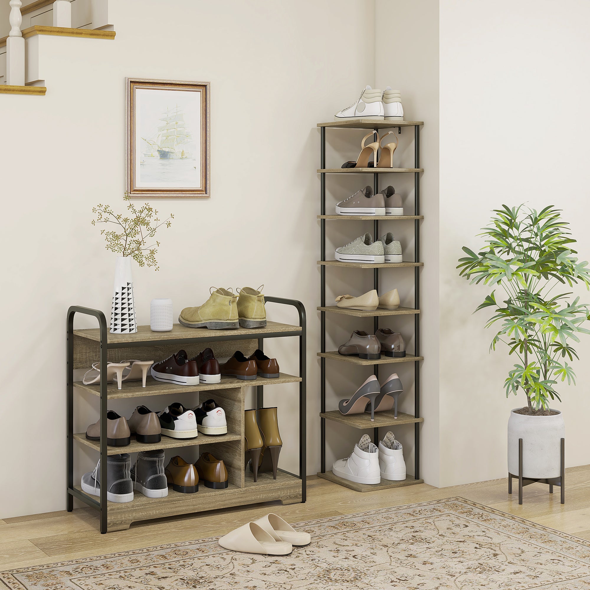 8-Level Shoe Cabinet Storage Organizer Shoe Rack Shoe Storage Shoe Stand Metal Frame Wood-Look Shelves - 28W x 26D x 125H cm