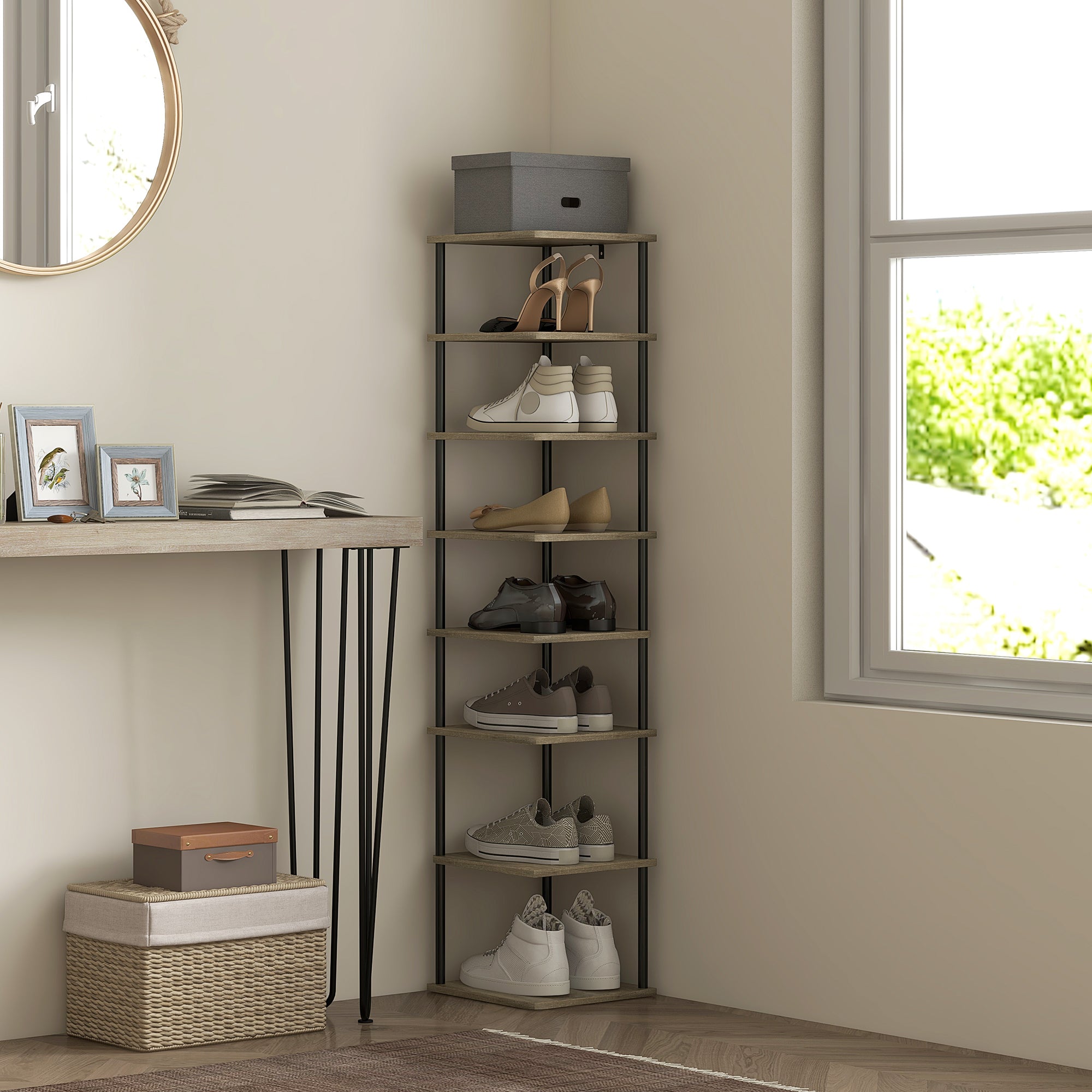 8-Level Shoe Cabinet Storage Organizer Shoe Rack Shoe Storage Shoe Stand Metal Frame Wood-Look Shelves - 28W x 26D x 125H cm