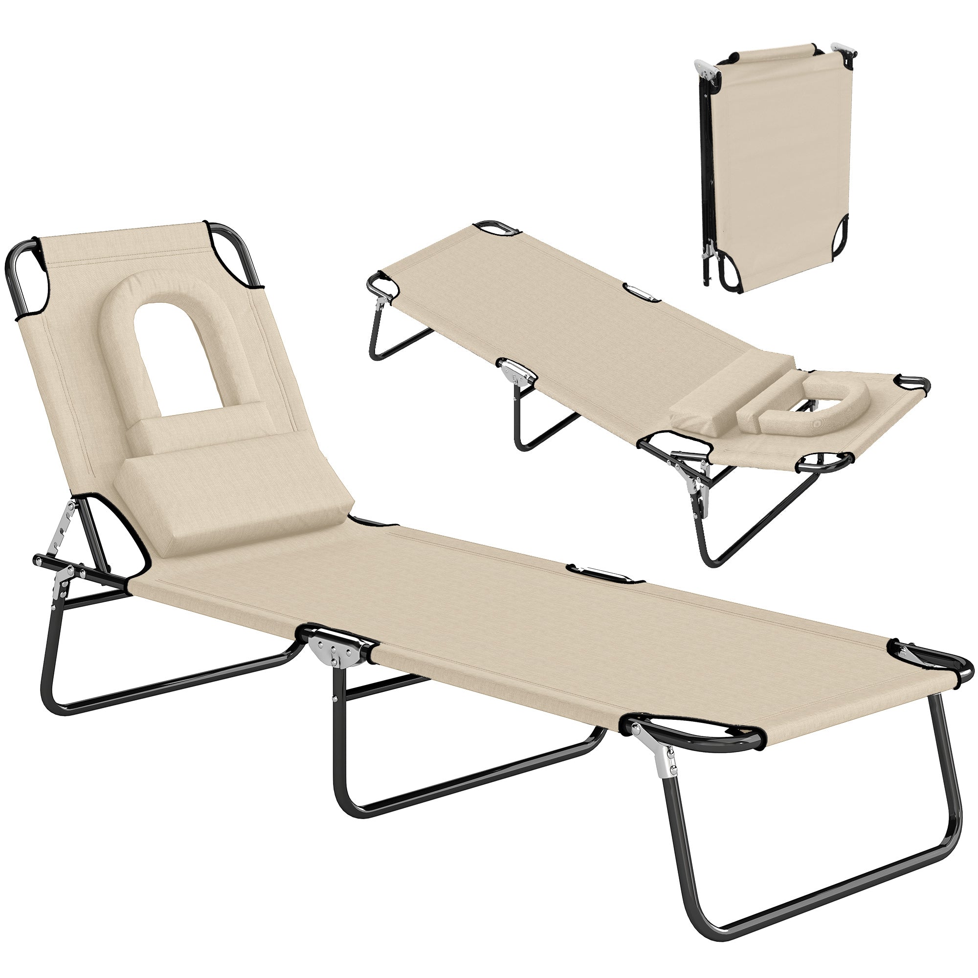 Folding Sun Lounger with Face Hole and Head Pillow — 4-Position Adjustable, Weatherproof, Up to 265 lb (Beige)