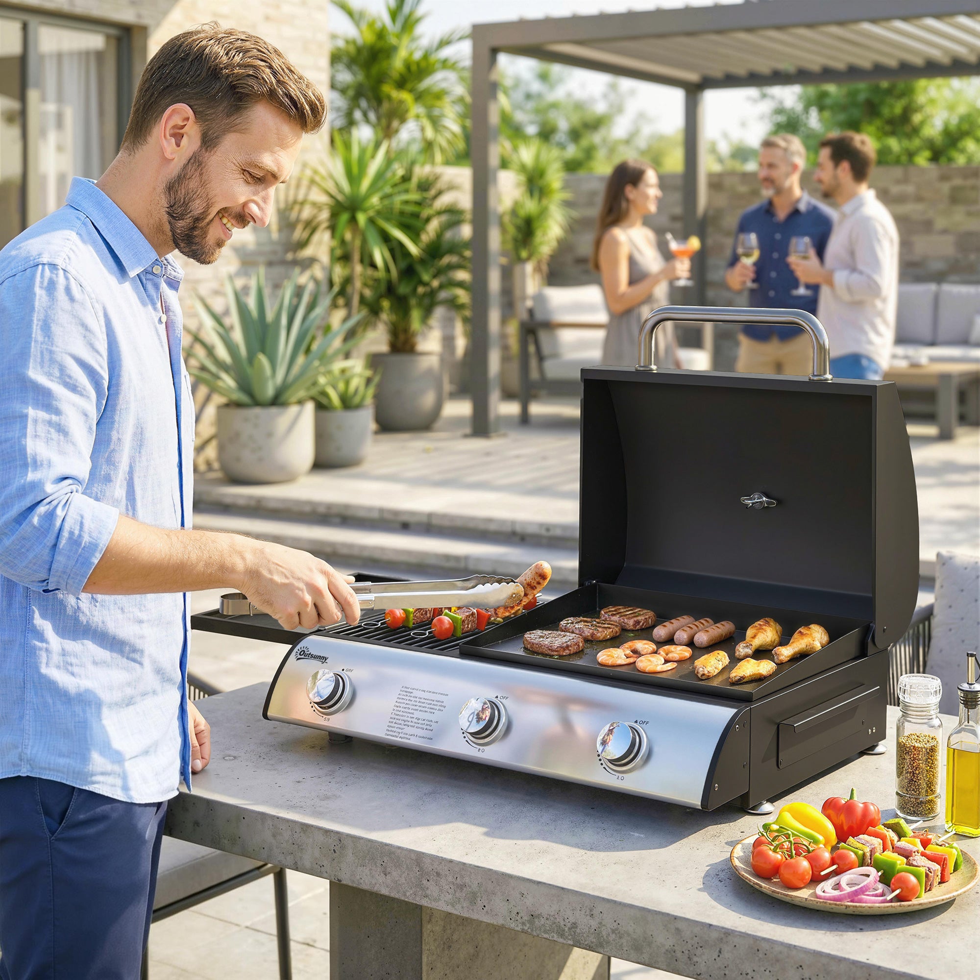 7.5 kW Portable Tabletop Gas Grill — 3 Burners, Griddle, Side Shelf, Enamel Grates, Removable Grease Tray & Thermometer — Ideal for Garden, Balcony & Picnics