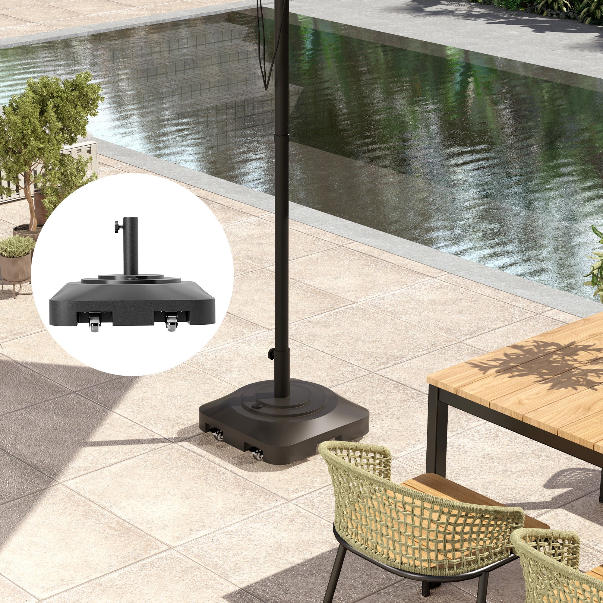Umbrella Stand up to 25 kg Fillable Umbrella Stand with Wheels, Square Umbrella Holder, Umbrella Weight, Stand for Umbrella Ø38/48 mm, for Balcony, Terrace, Garden, Black