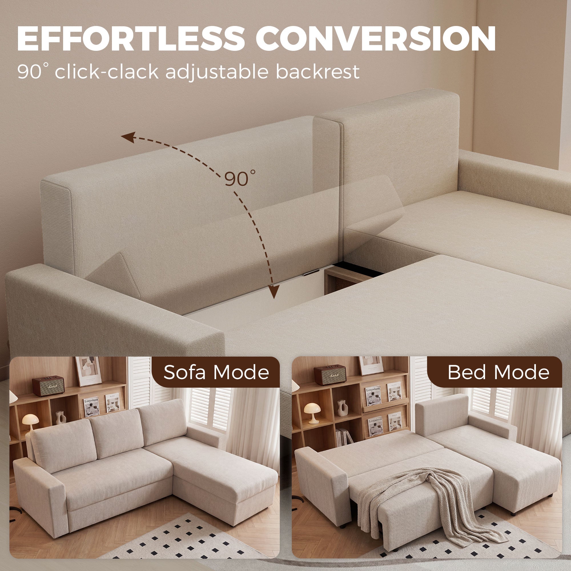 L-Shaped 3-Seater Corner Sofa Bed with Reversible Chaise – Faux Suede, Beige
