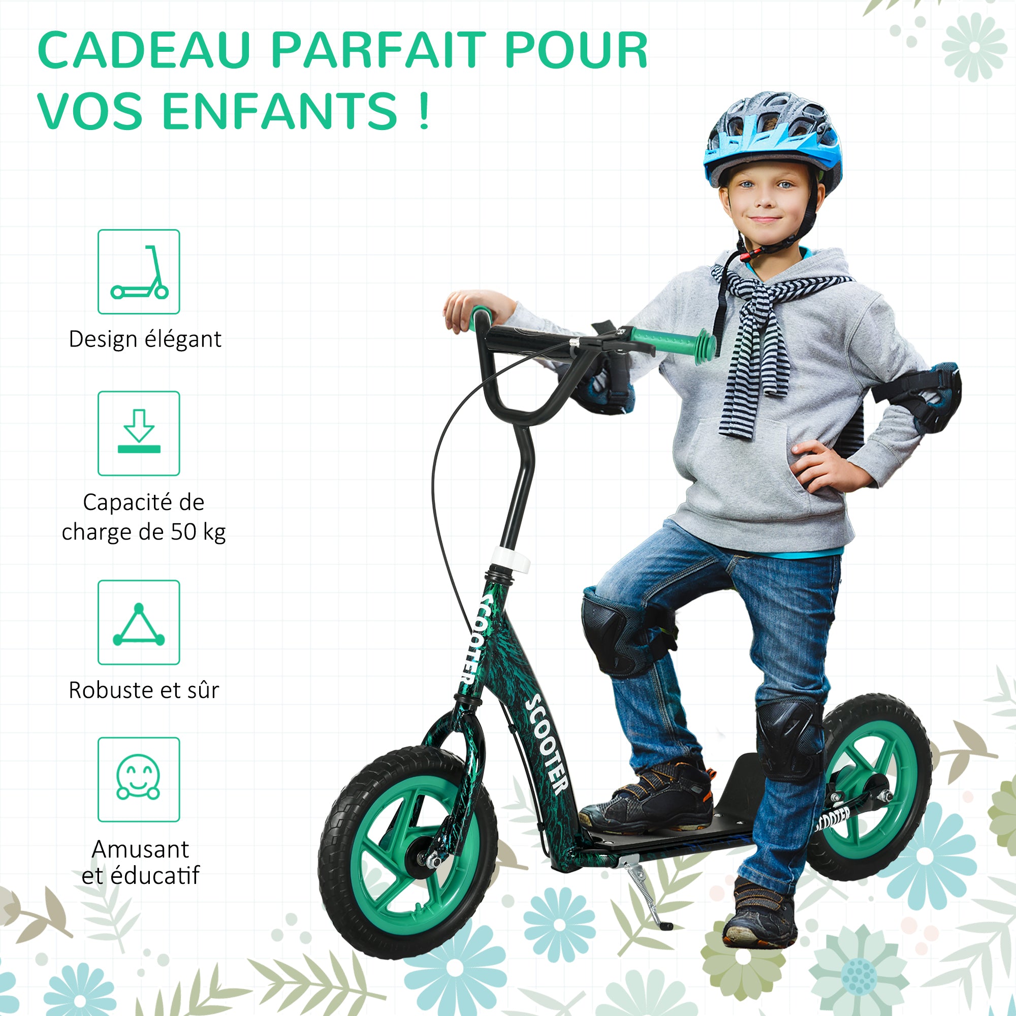 Children's Scooter with Large Wheels for Ages 6-12 Height Adjustable Rear Brake Kickstand Green