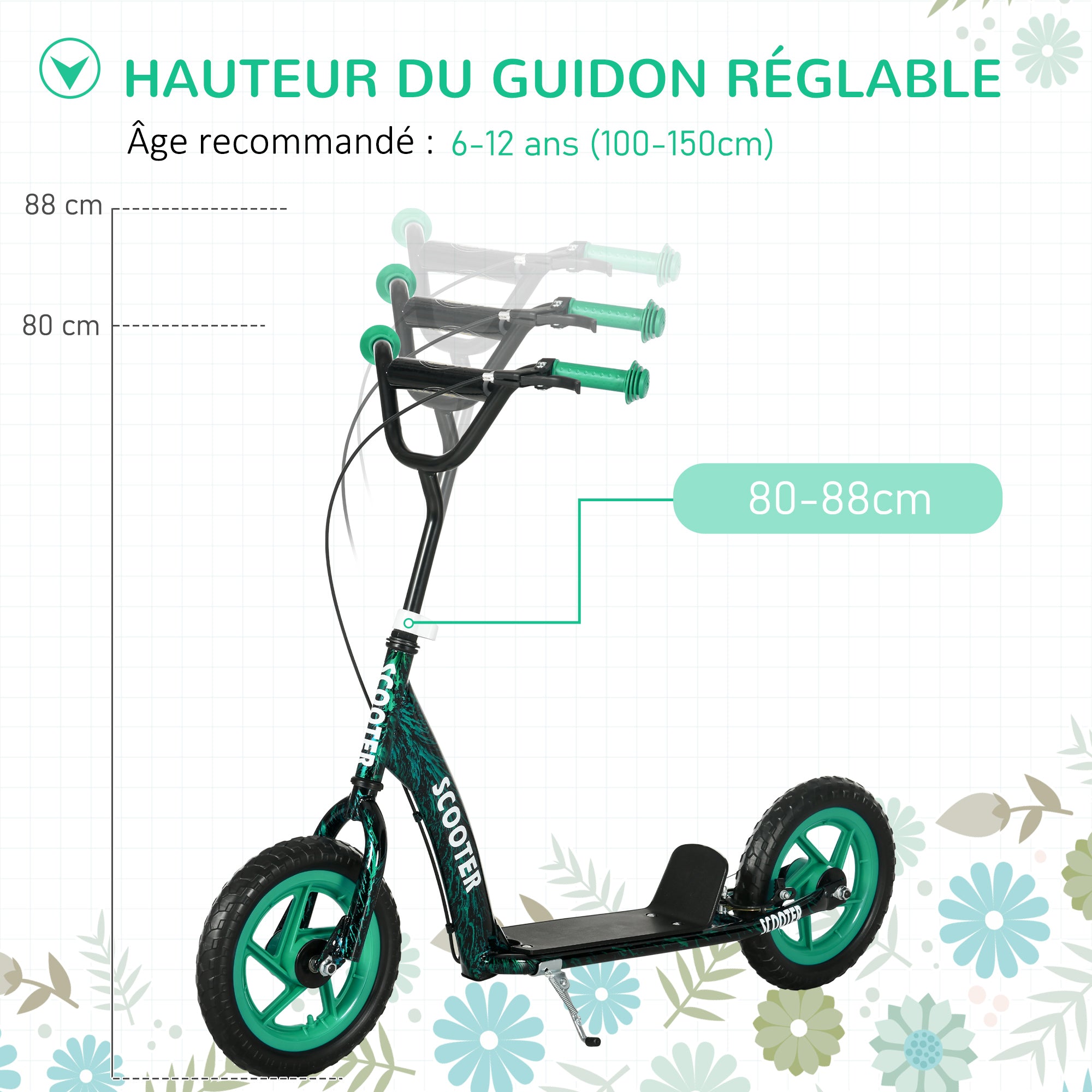 Children's Scooter with Large Wheels for Ages 6-12 Height Adjustable Rear Brake Kickstand Green