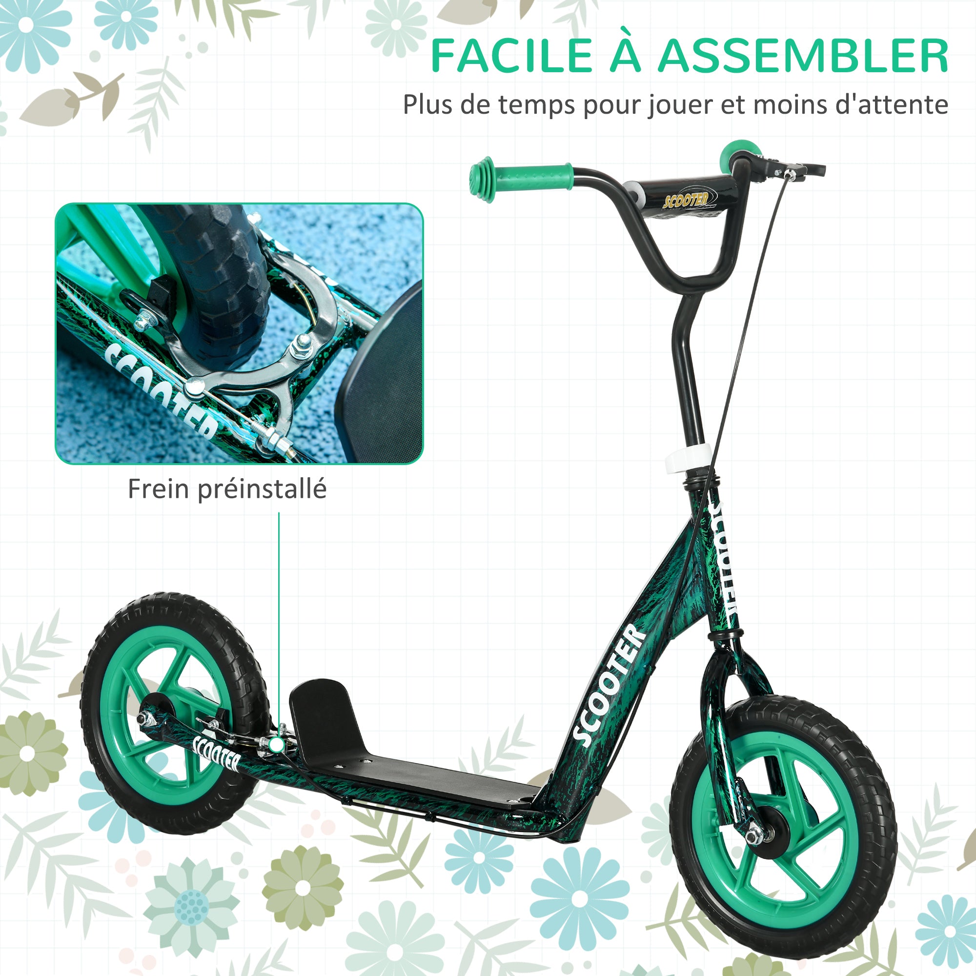 Children's Scooter with Large Wheels for Ages 6-12 Height Adjustable Rear Brake Kickstand Green