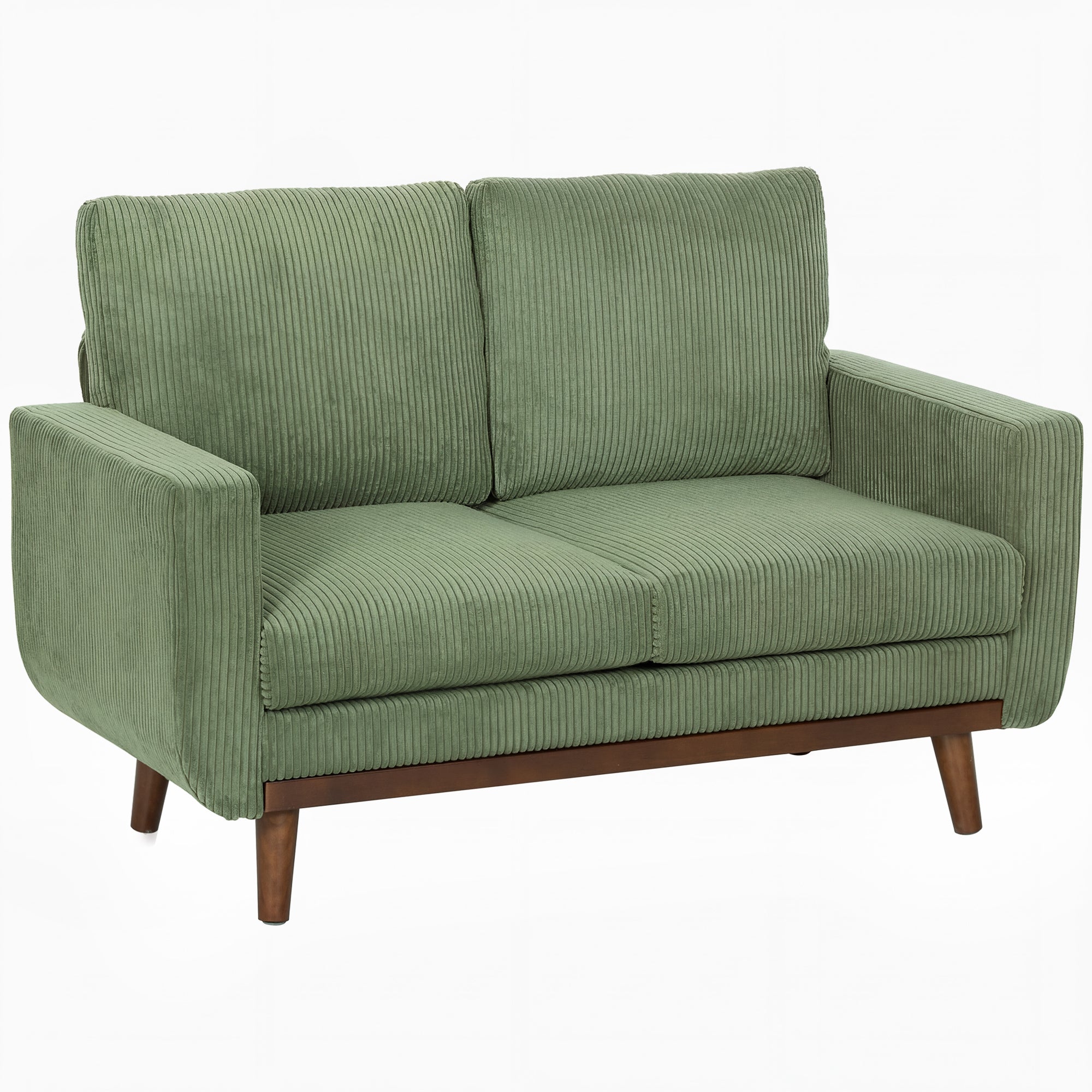 2-Seater Cord Sofa 134 cm (53") – Plush Backrest, Wood-Slat Accent, Comfortable Modern Upholstered Couch for Small Spaces, Living Room, Bedroom, Easy Assembly, Green
