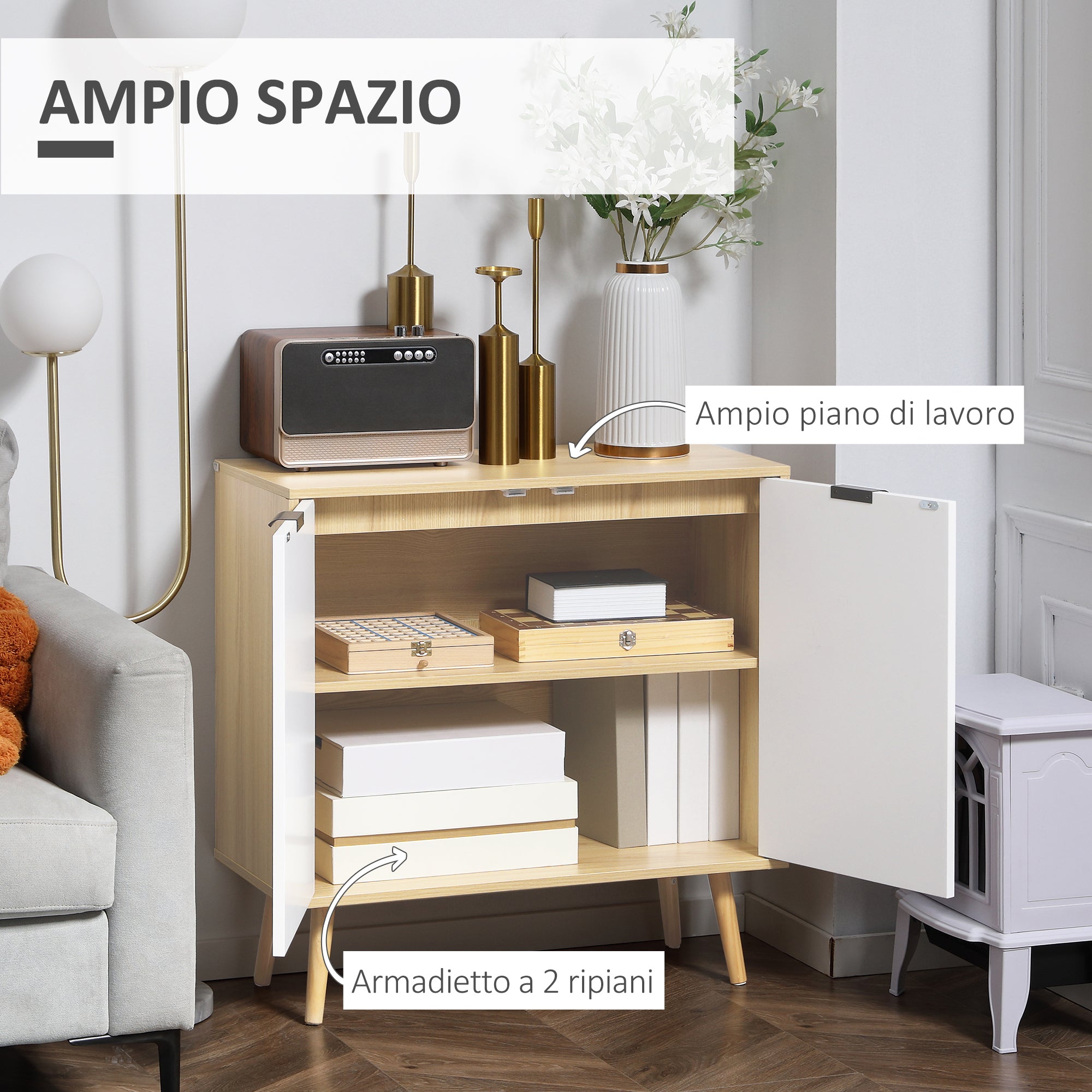 Modern Multipurpose Mobile in Chipboard and Pine Wood with Adjustable Internal Shelf on 3 Levels, Entryway Living Room Kitchen and Bathroom Furniture, 77x35x77.5 cm