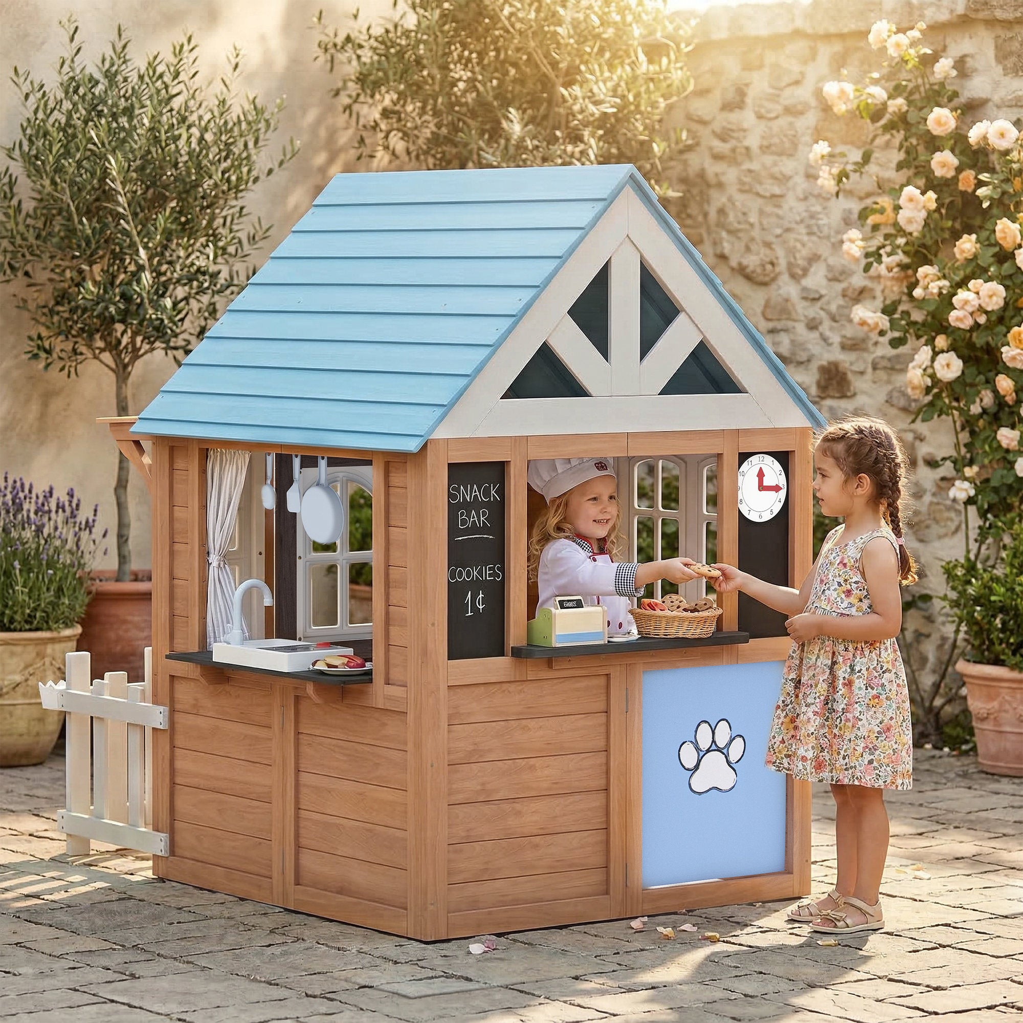 Wooden Outdoor Kids' Playhouse, Indoor/Outdoor Playhouse with Pet Door, Play Kitchen, Mailbox, Doorbell, Birdhouse & Fence, Ages 2–5, 165 x 116.5 x 163.5 cm (65 x 45.9 x 64.4 in), Brown