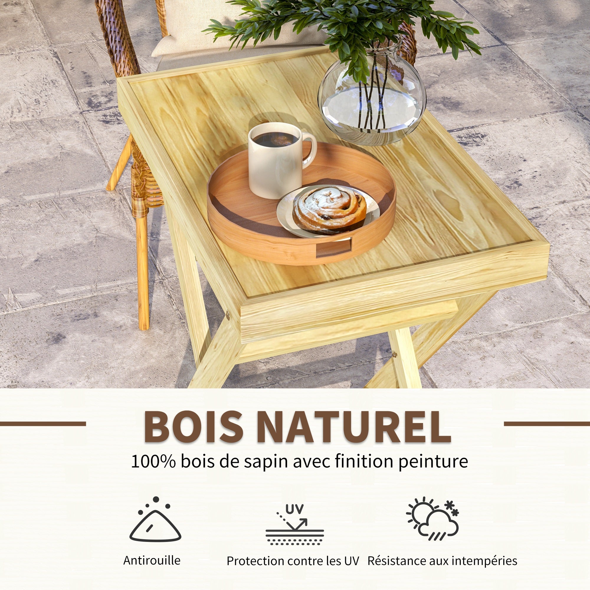 Rectangular outdoor garden table in natural wood for balcony terrace 68L x 44W x 75H cm
