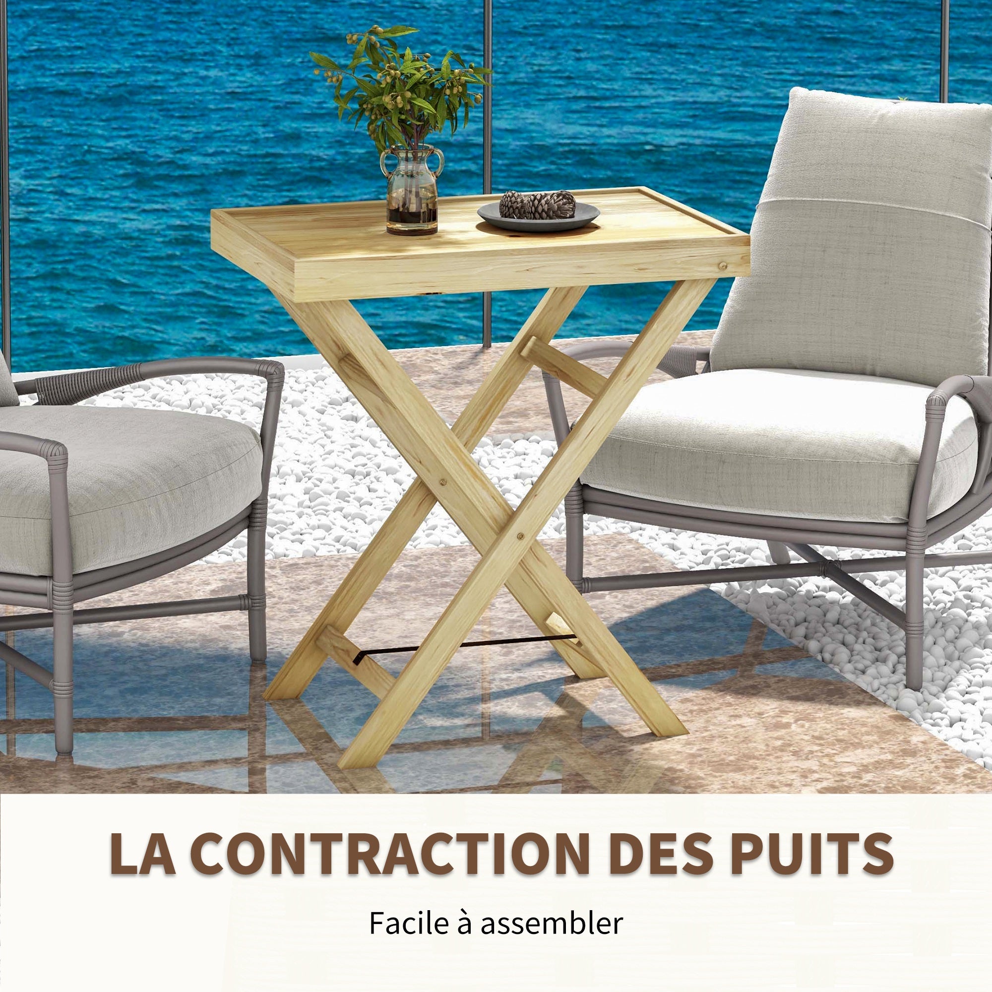 Rectangular outdoor garden table in natural wood for balcony terrace 68L x 44W x 75H cm