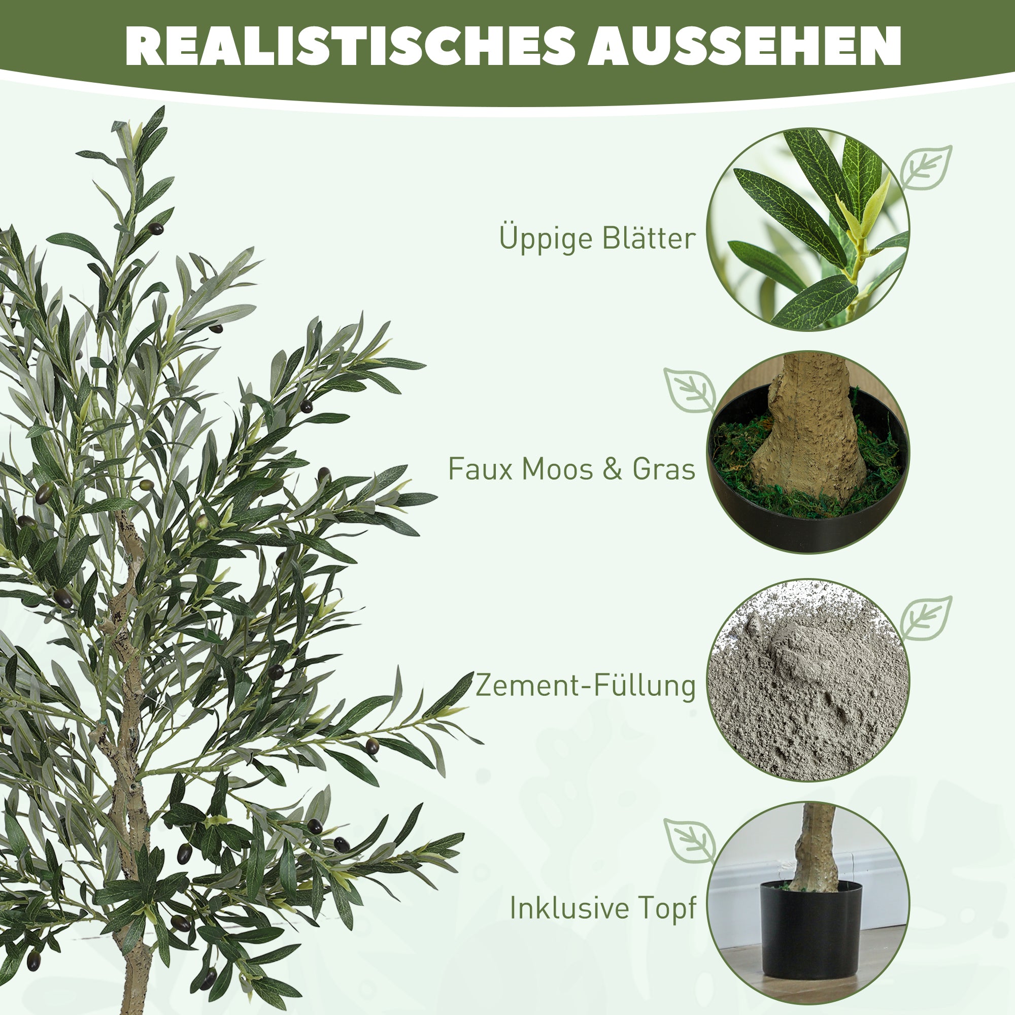 Artificial Olive Tree Large 180 cm Fake Plant, Plastic Artificial Plants Olive Tree in Pot, Artificial Tree with Cement, Artificial Moss for Living Room, Bedroom, Decor, Office