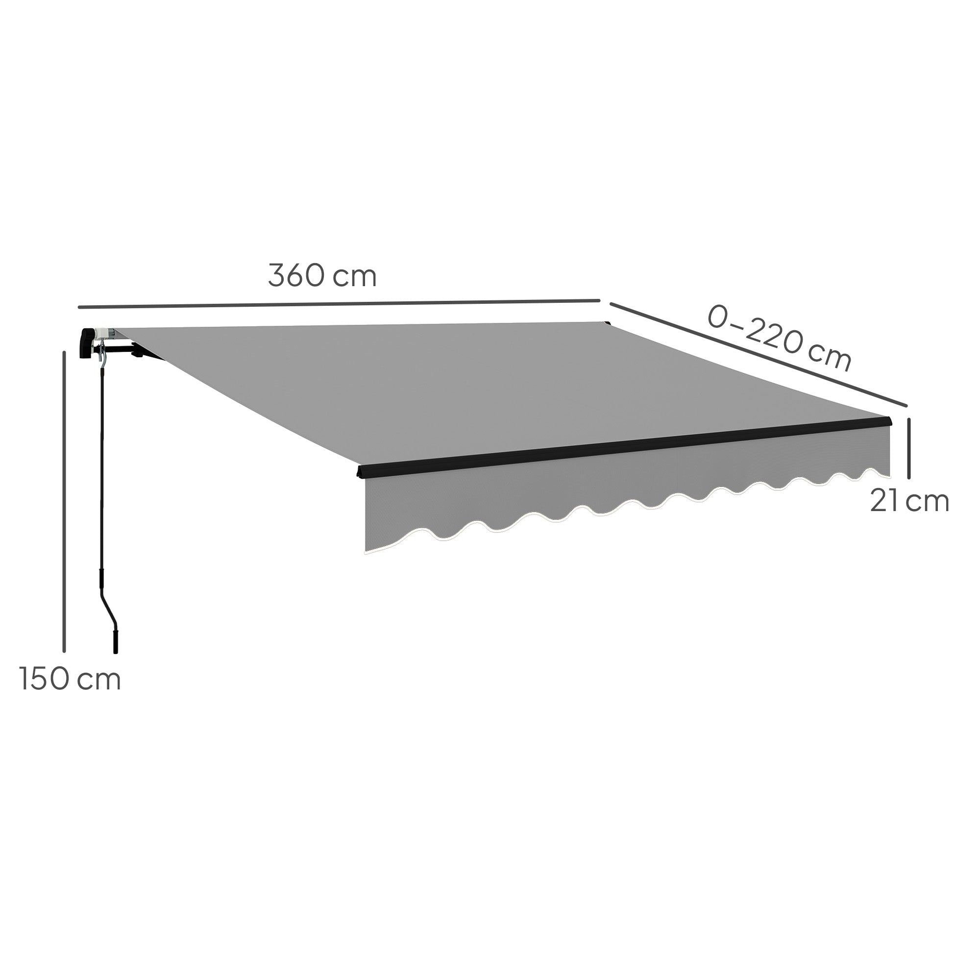 Manual Retractable Awning 360x220 cm Balcony Awning with Aluminum Crank 3 Arms and UV30+ Protection Retractable Outdoor Awning for Garden Terrace Windows Gray
